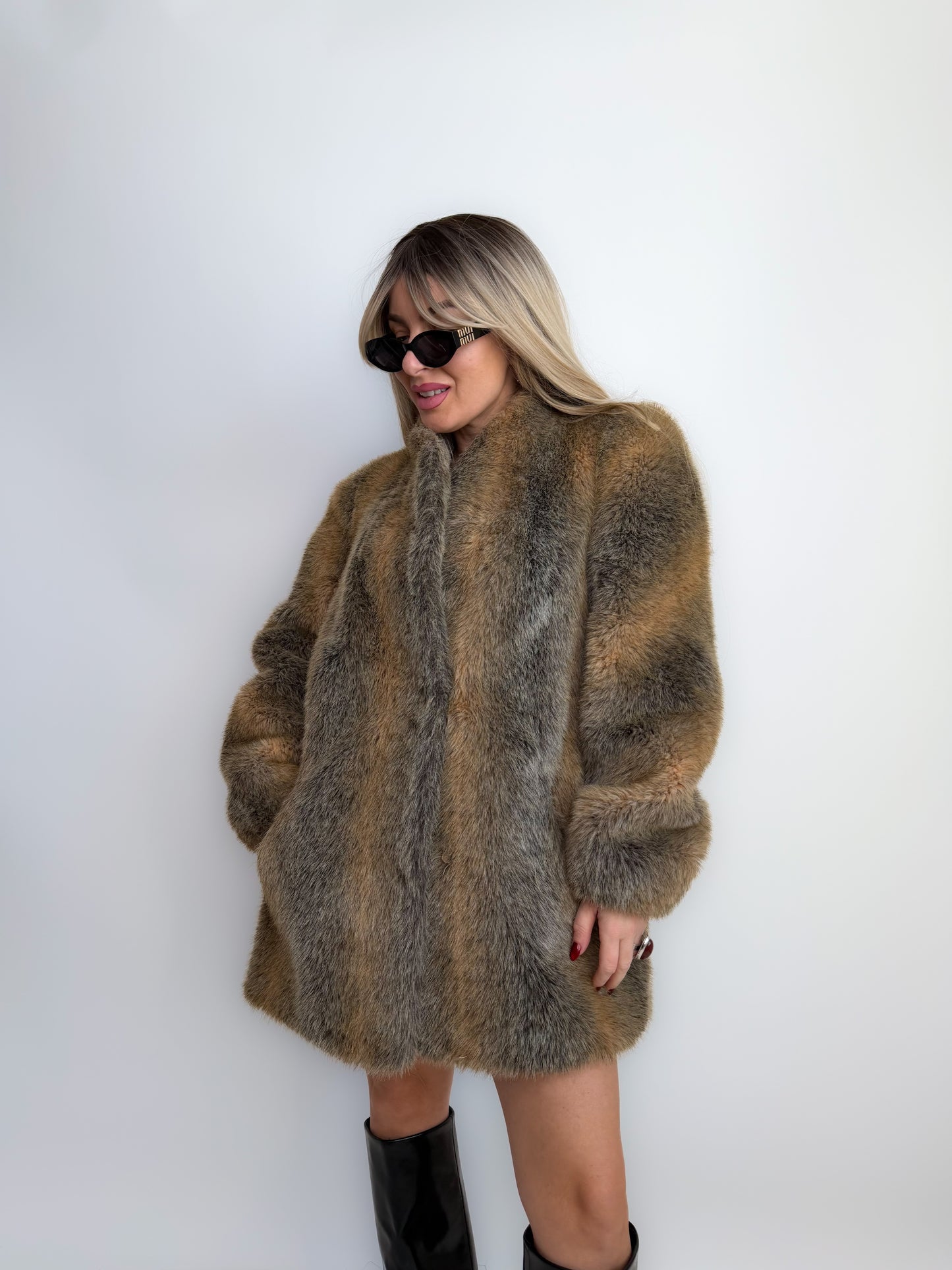 Vintage Grey & Beige Winter Faux Fur Coat