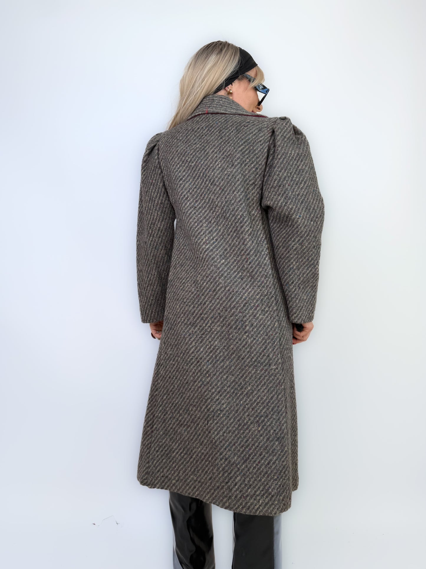Vintage Gray Burgundy Herringbone Wool Trench Coat Classic Casual Winter Jacket XS-S
