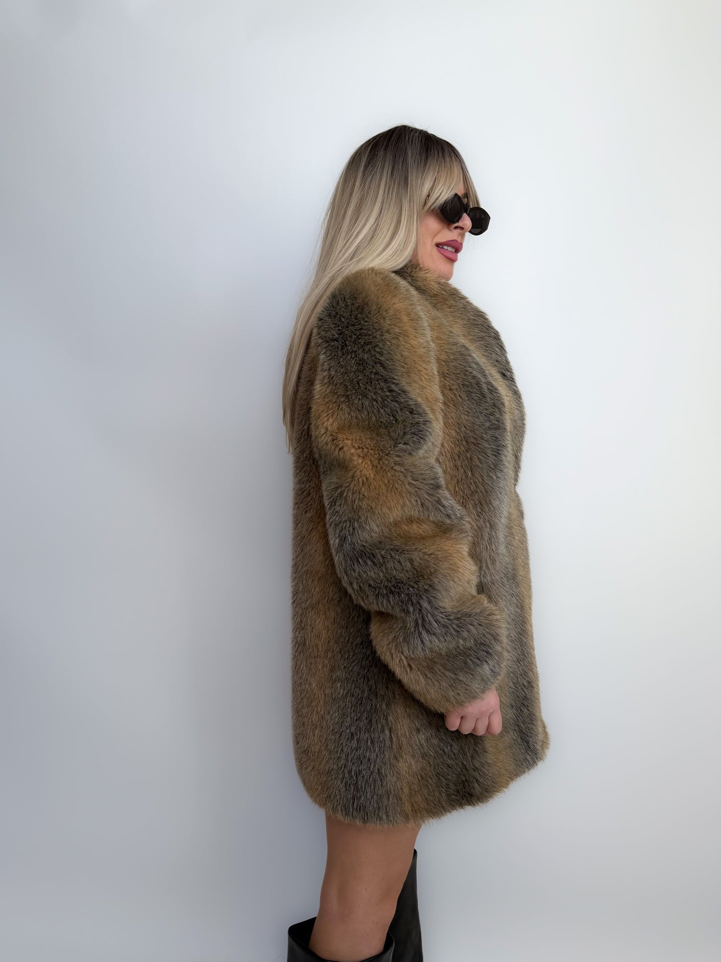 Vintage Grey & Beige Winter Faux Fur Coat