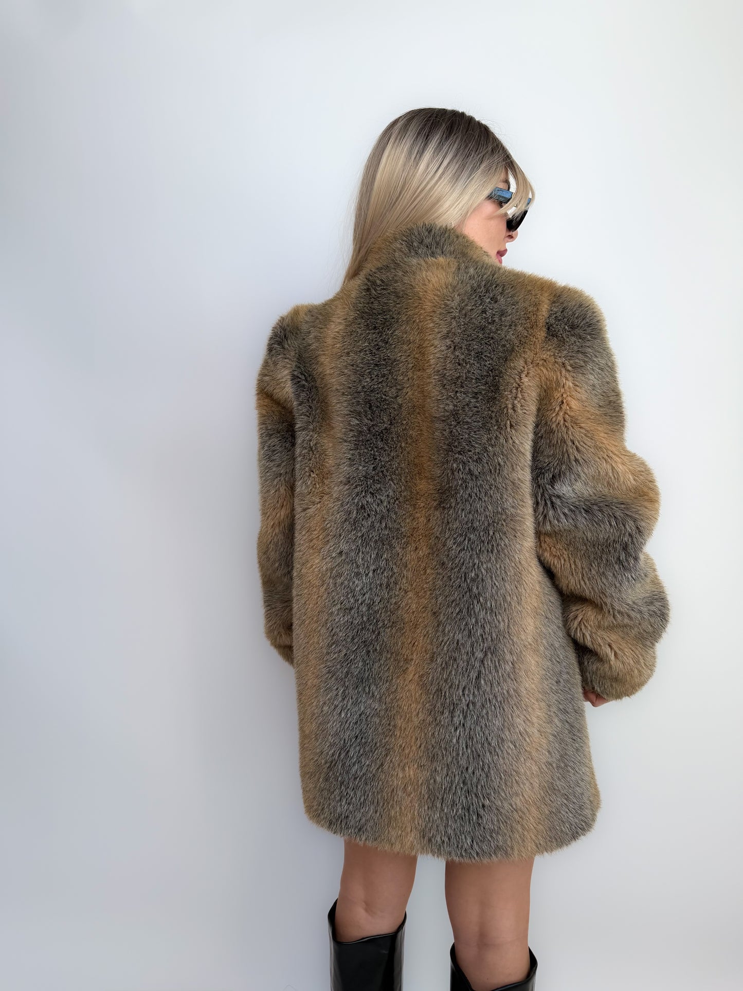 Vintage Grey & Beige Winter Faux Fur Coat