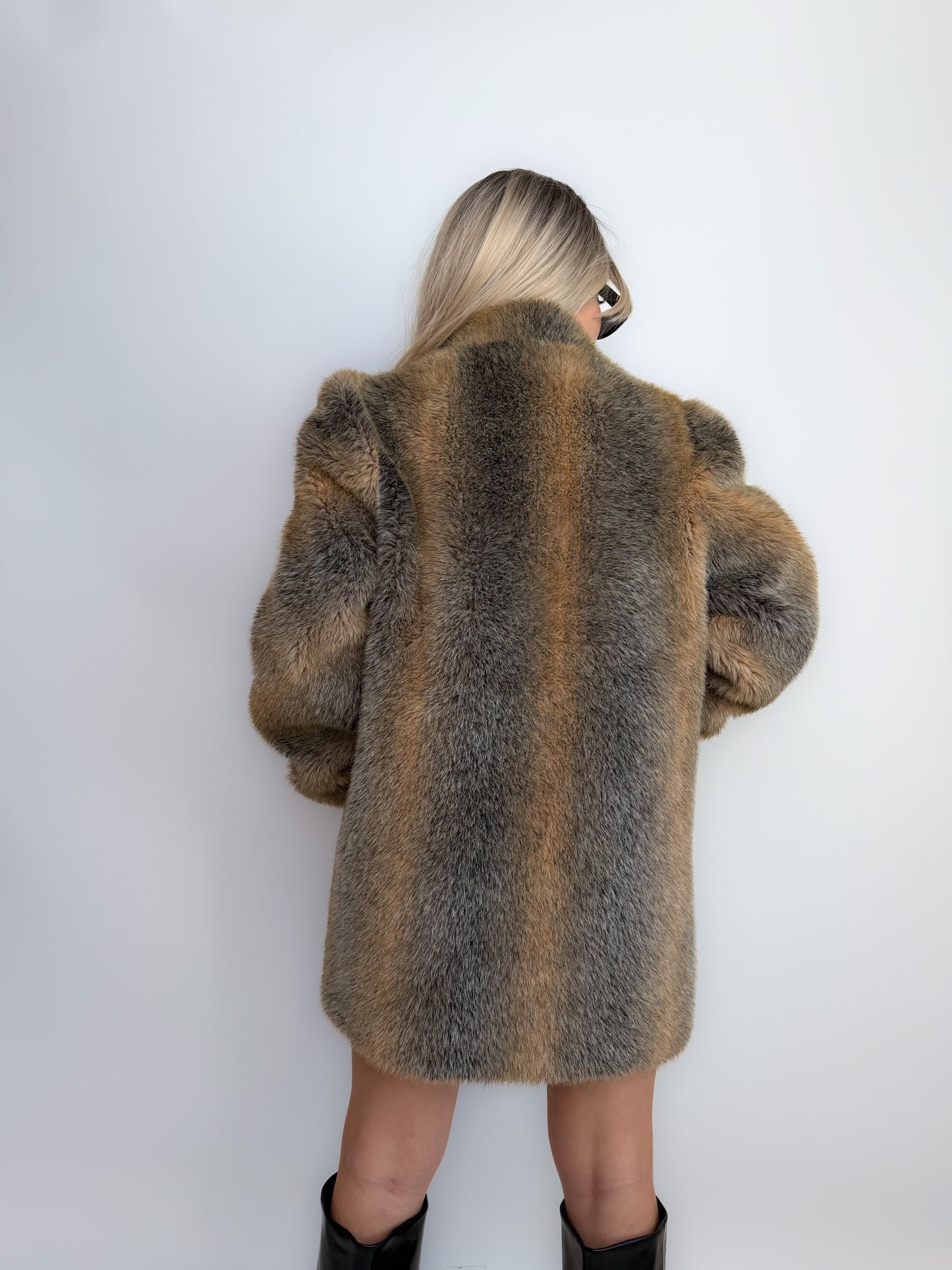 Vintage Grey & Beige Winter Faux Fur Coat