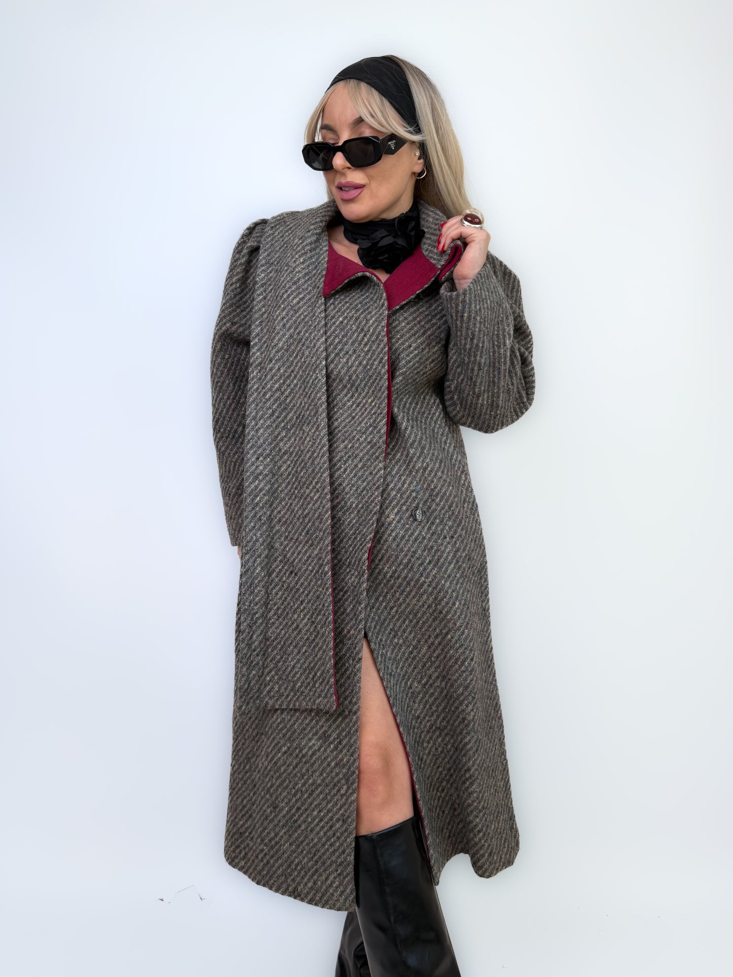 Vintage Gray Burgundy Herringbone Wool Trench Coat Classic Casual Winter Jacket XS-S
