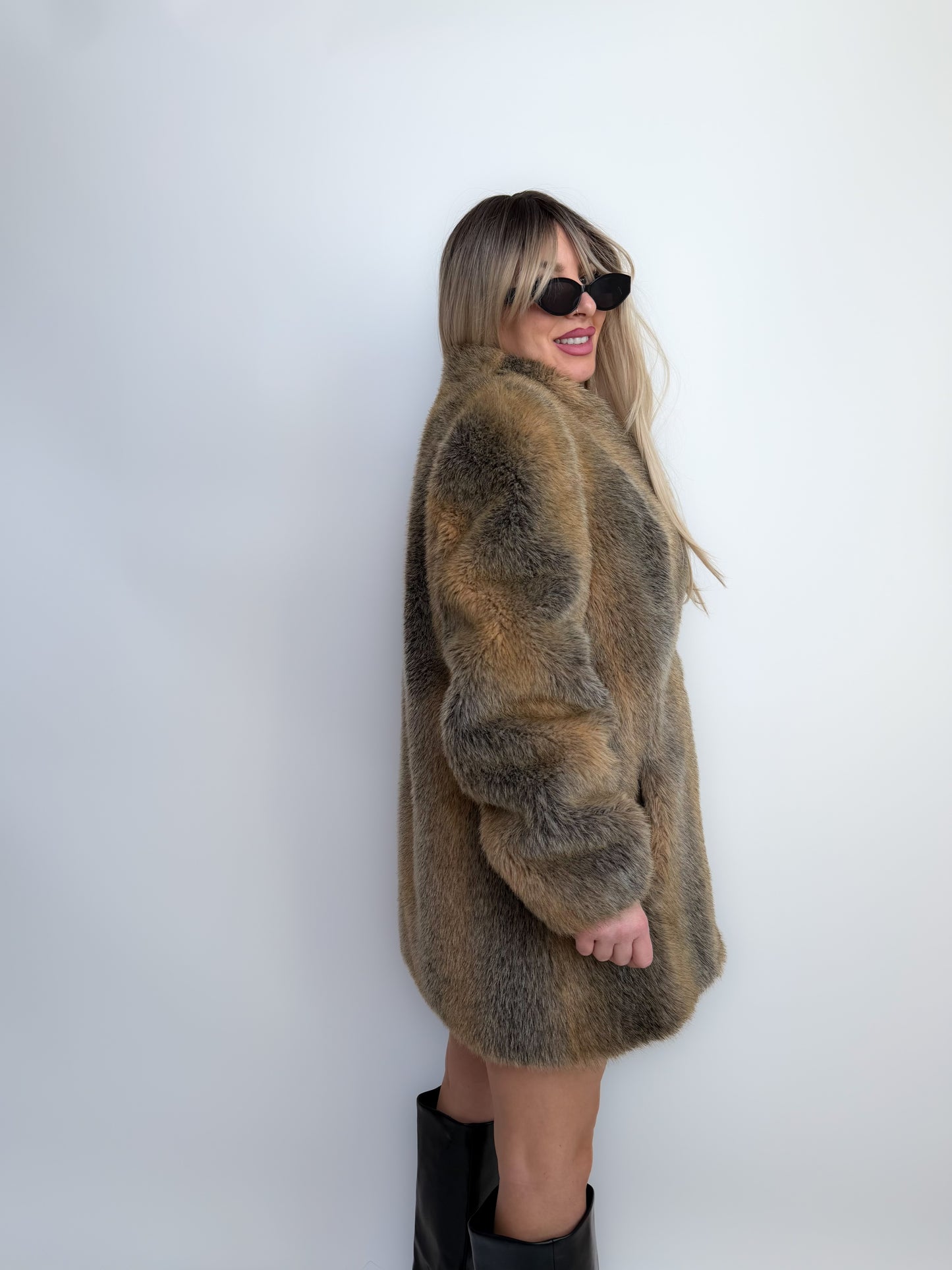 Vintage Grey & Beige Winter Faux Fur Coat