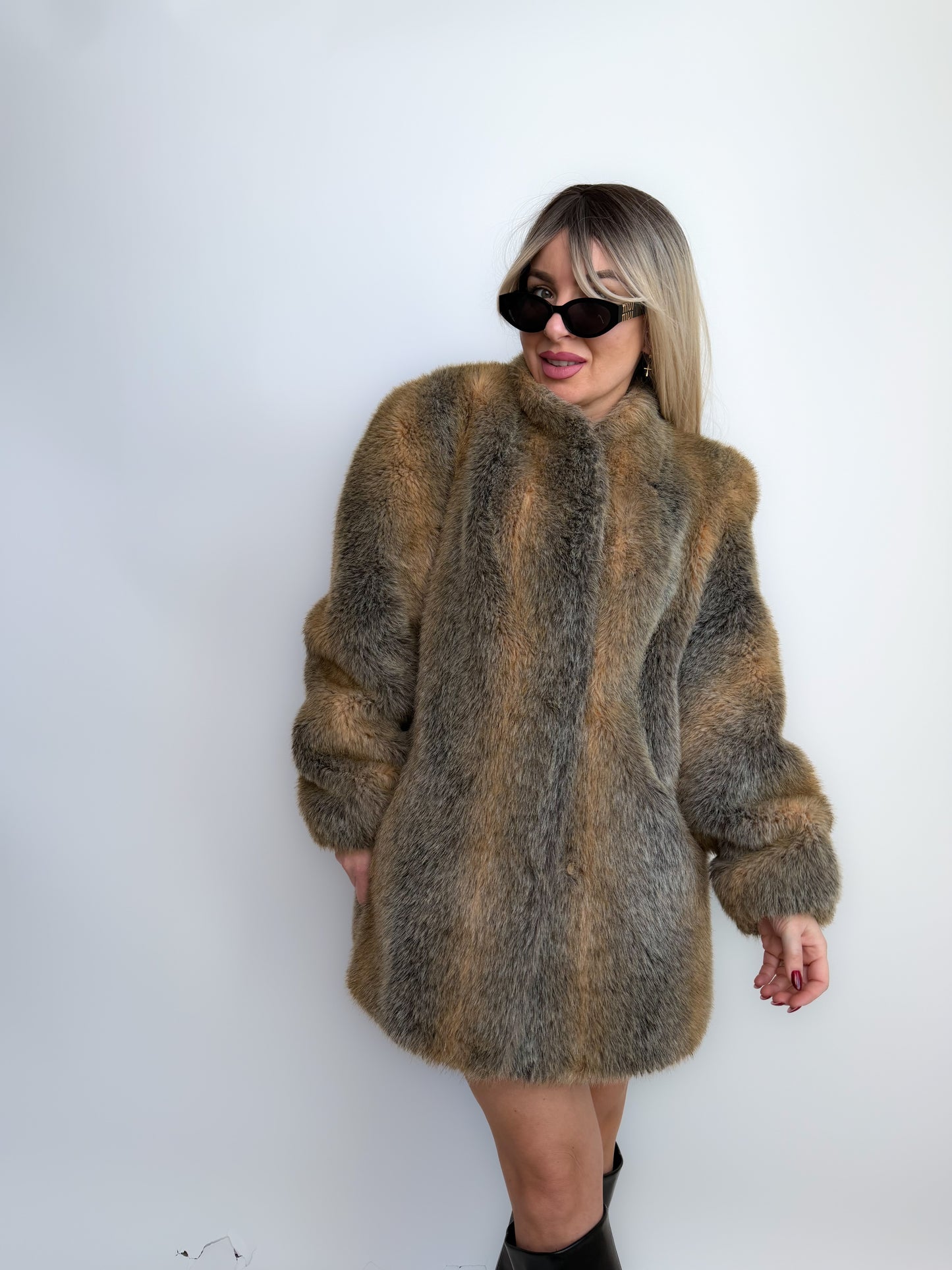 Vintage Grey & Beige Winter Faux Fur Coat