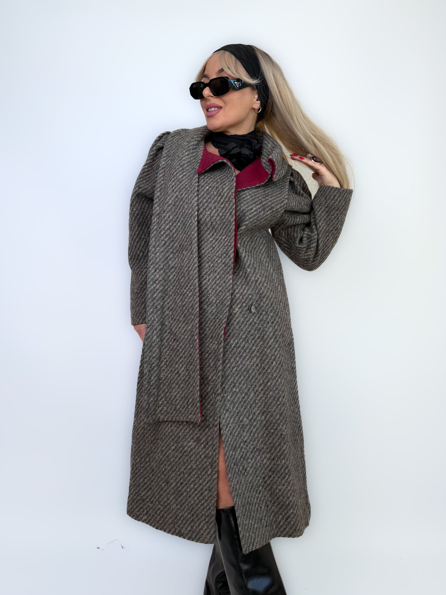 Vintage Gray Burgundy Herringbone Wool Trench Coat Classic Casual Winter Jacket XS-S