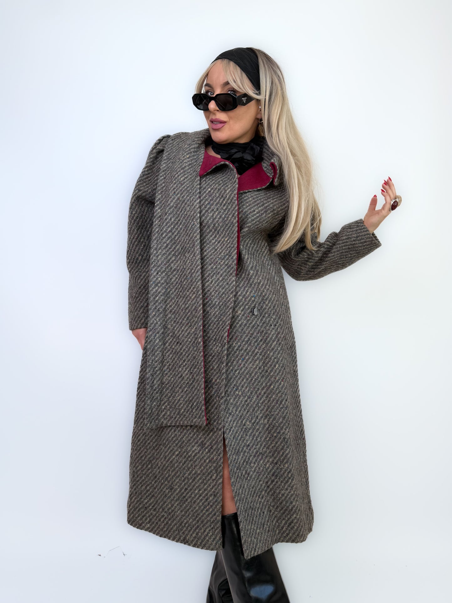 Vintage Gray Burgundy Herringbone Wool Trench Coat Classic Casual Winter Jacket XS-S