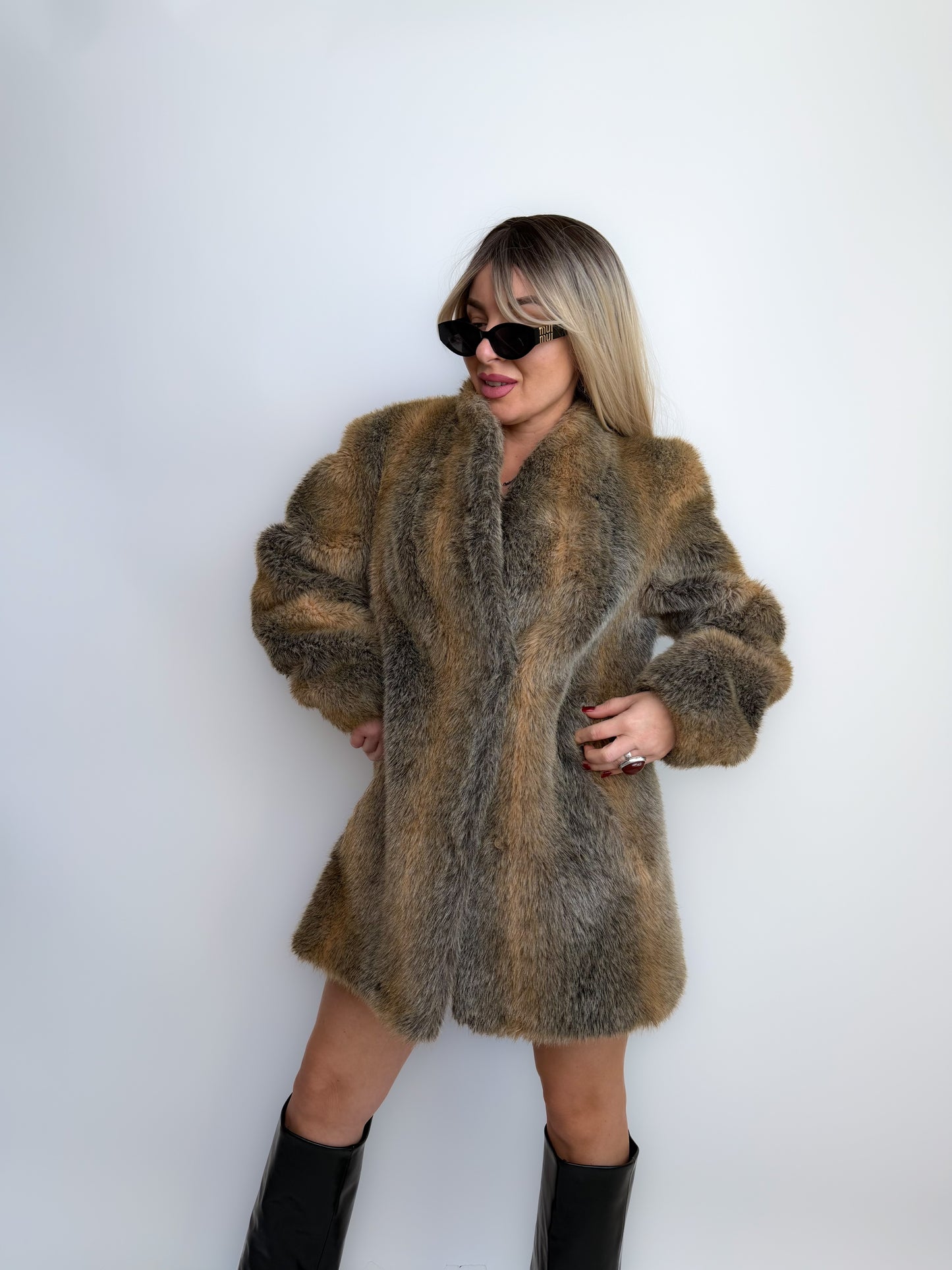 Vintage Grey & Beige Winter Faux Fur Coat