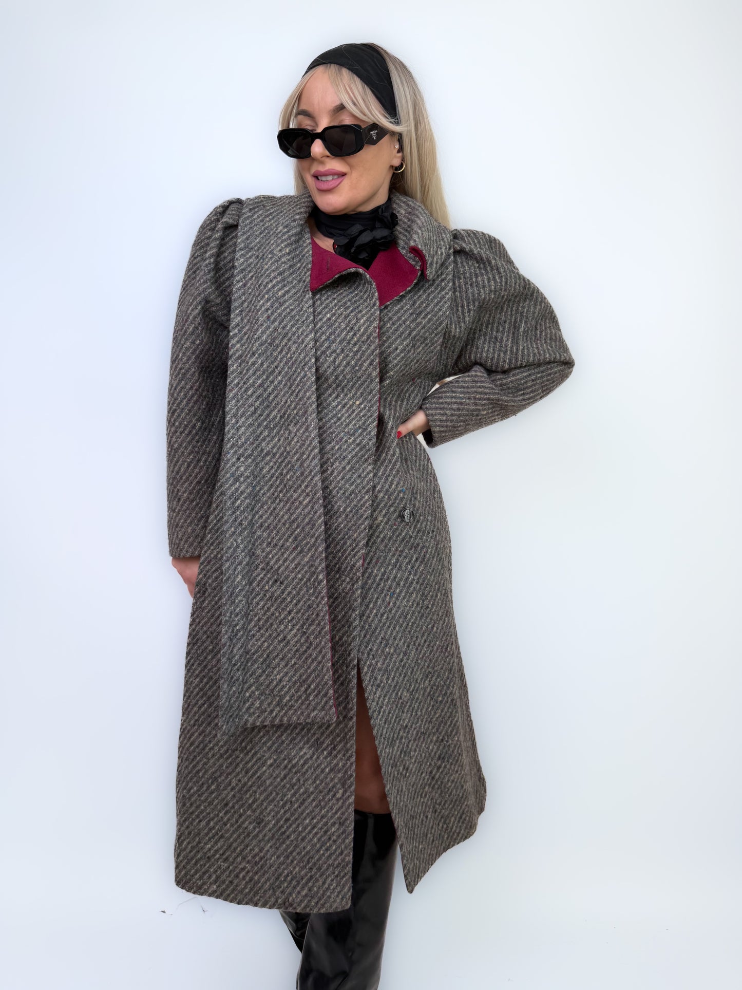 Vintage Gray Burgundy Herringbone Wool Trench Coat Classic Casual Winter Jacket XS-S
