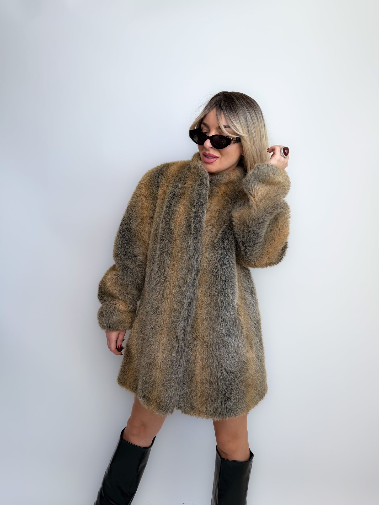 Vintage Grey & Beige Winter Faux Fur Coat
