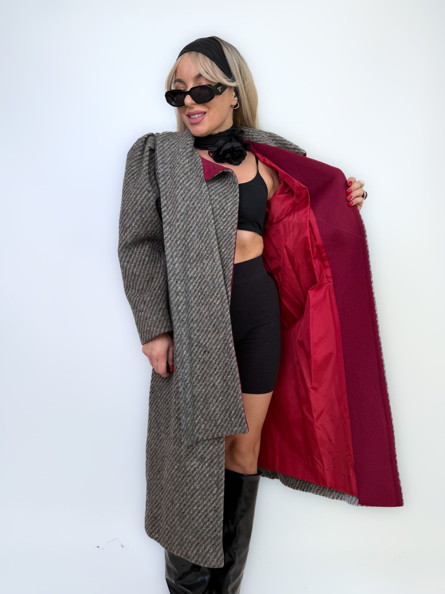 Vintage Gray Burgundy Herringbone Wool Trench Coat Classic Casual Winter Jacket XS-S