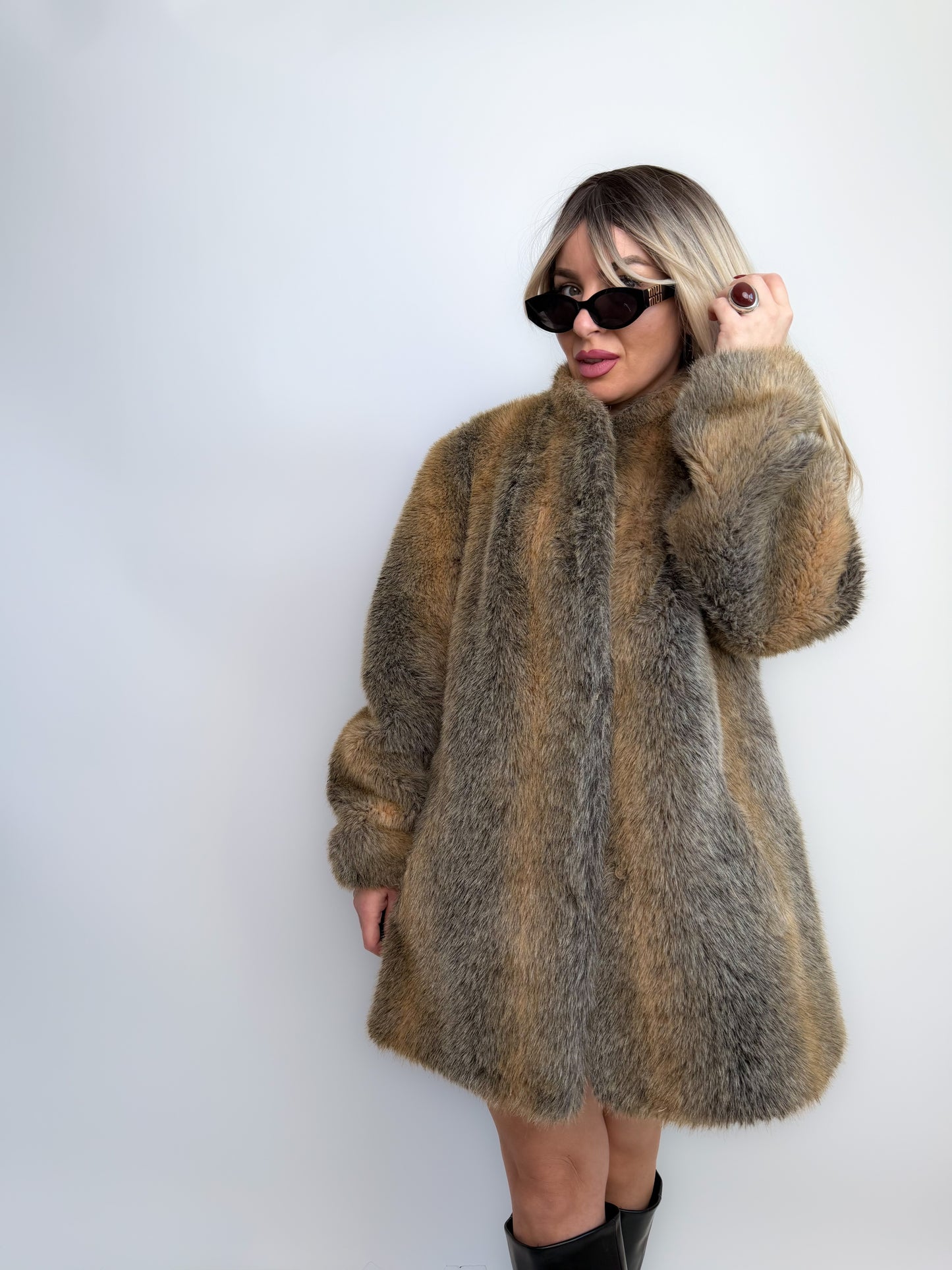 Vintage Grey & Beige Winter Faux Fur Coat