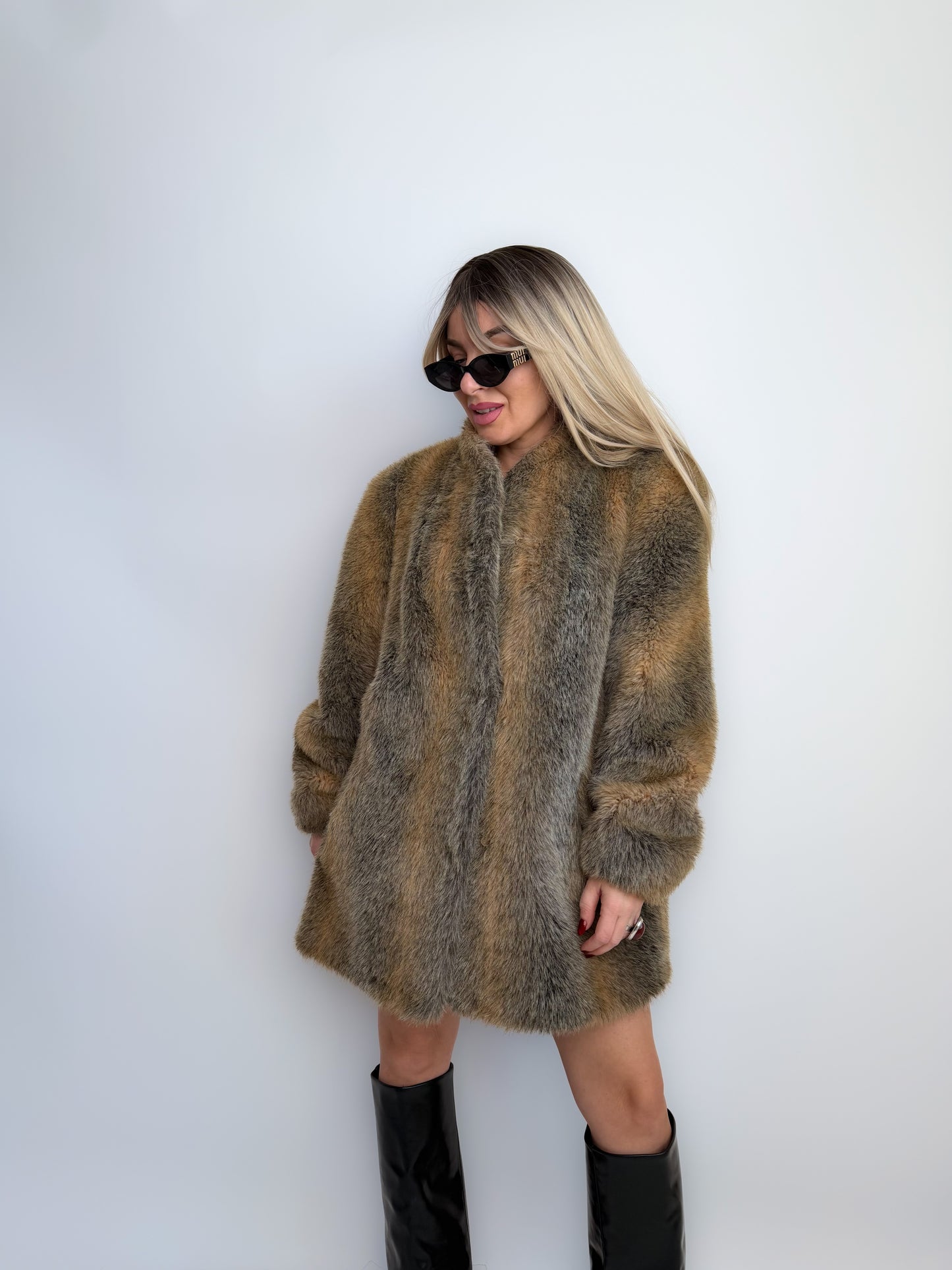 Vintage Grey & Beige Winter Faux Fur Coat