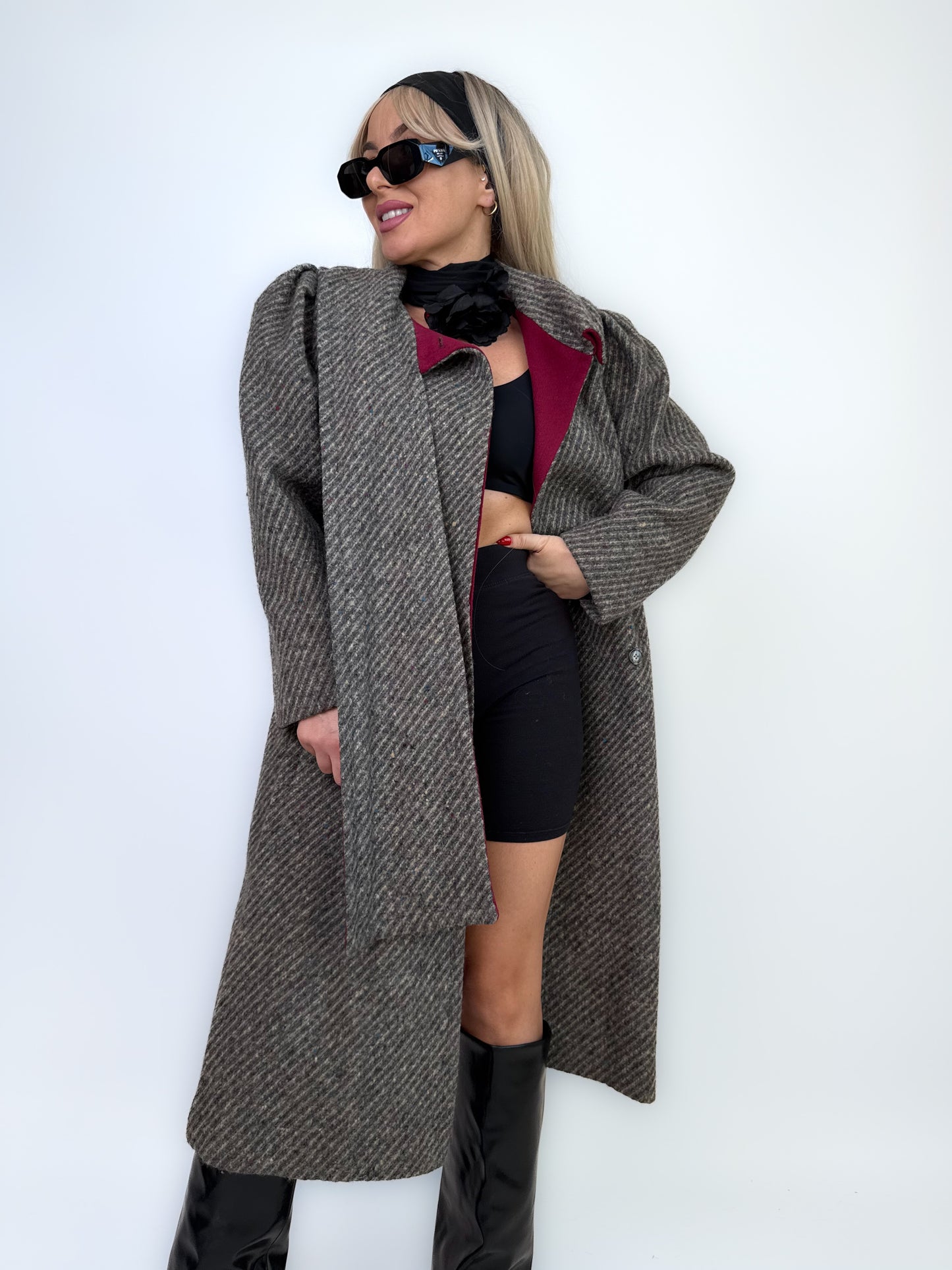 Vintage Gray Burgundy Herringbone Wool Trench Coat Classic Casual Winter Jacket XS-S