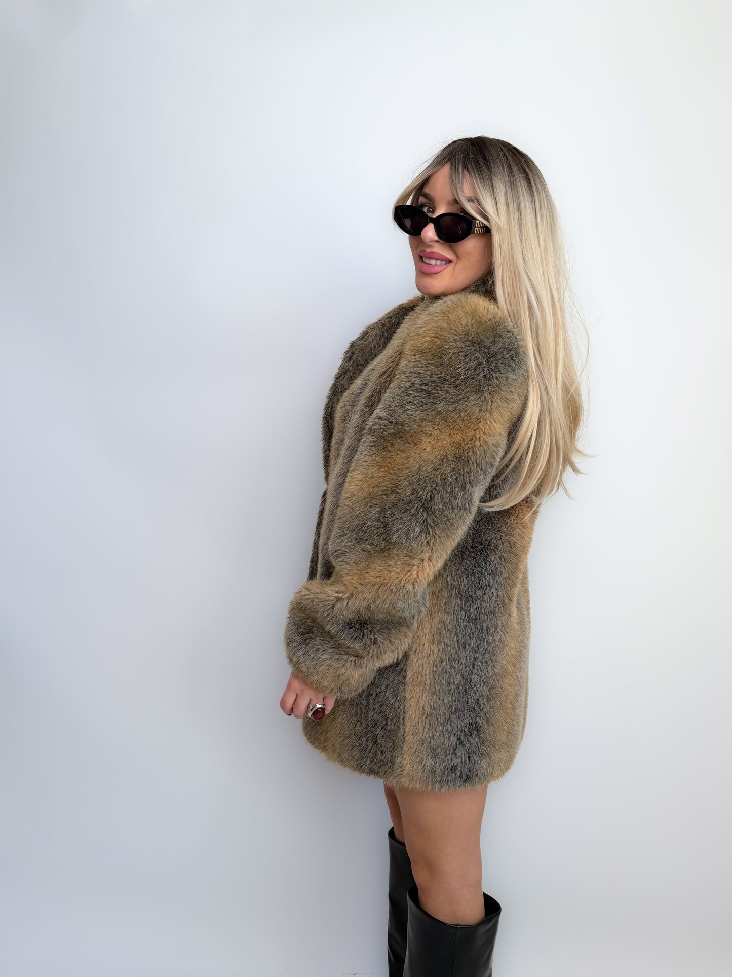 Vintage Grey & Beige Winter Faux Fur Coat