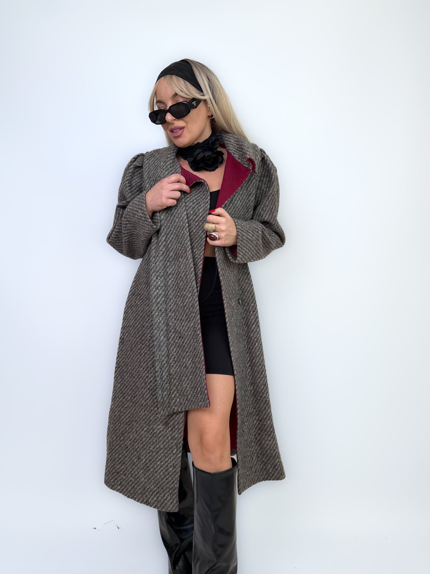 Vintage Gray Burgundy Herringbone Wool Trench Coat Classic Casual Winter Jacket XS-S