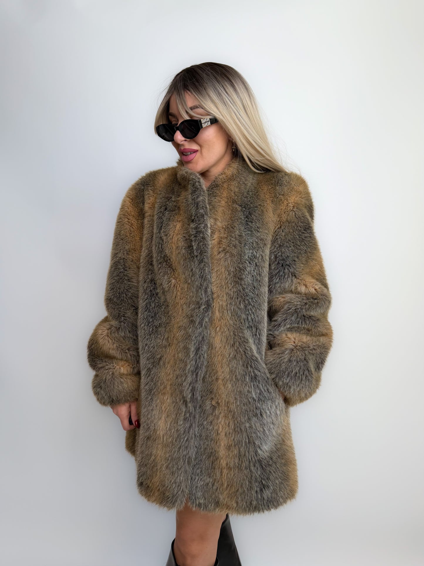 Vintage Grey & Beige Winter Faux Fur Coat