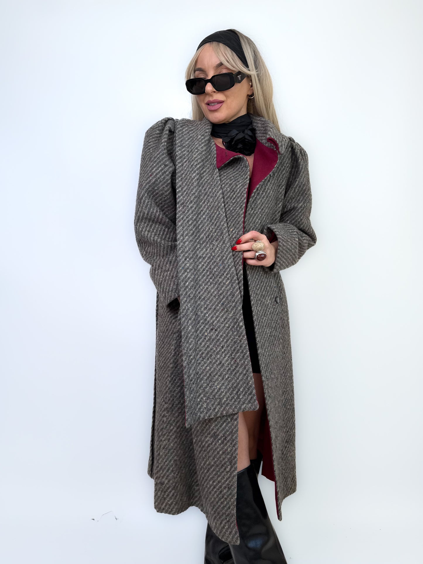 Vintage Gray Burgundy Herringbone Wool Trench Coat Classic Casual Winter Jacket XS-S