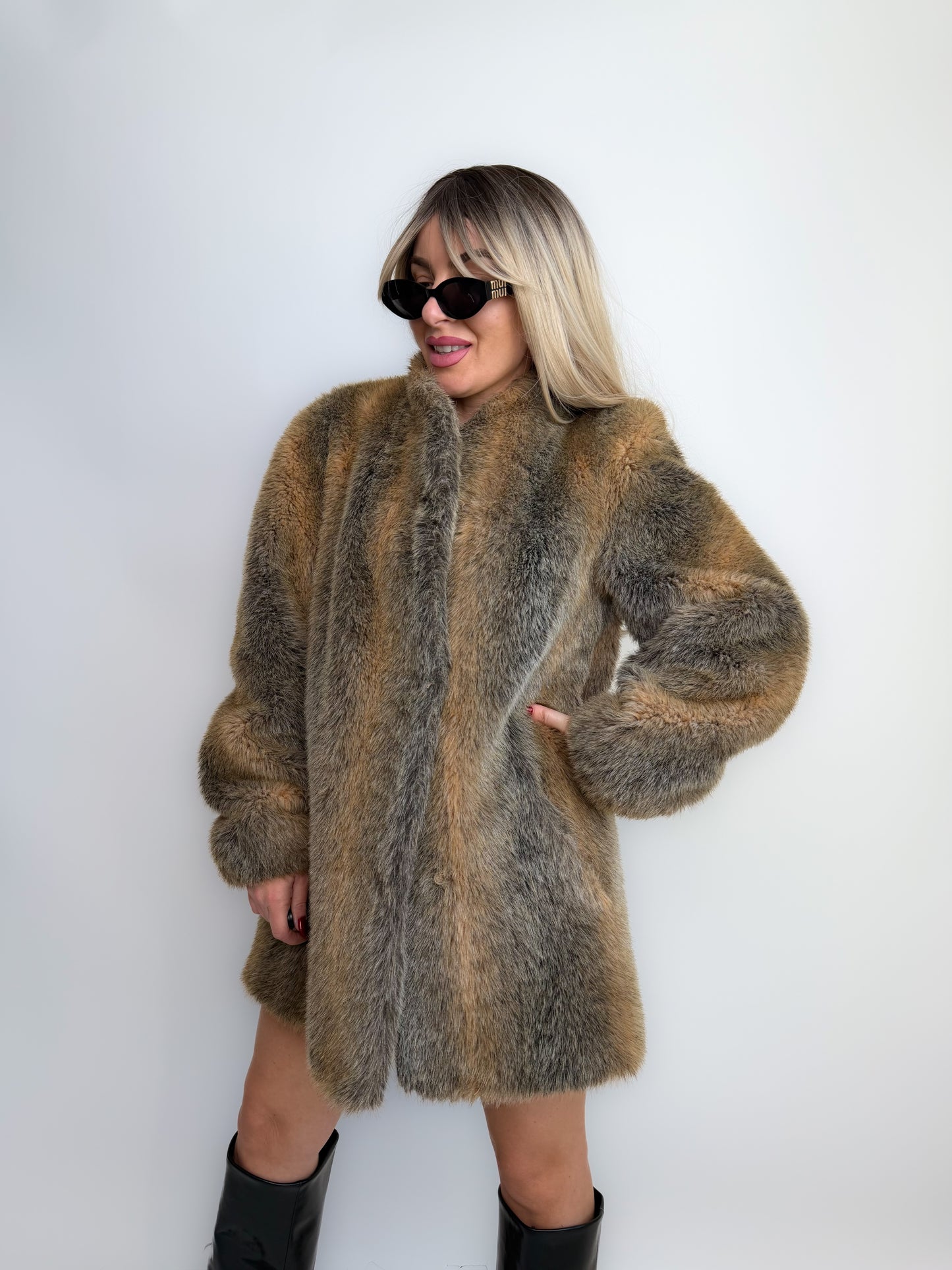 Vintage Grey & Beige Winter Faux Fur Coat