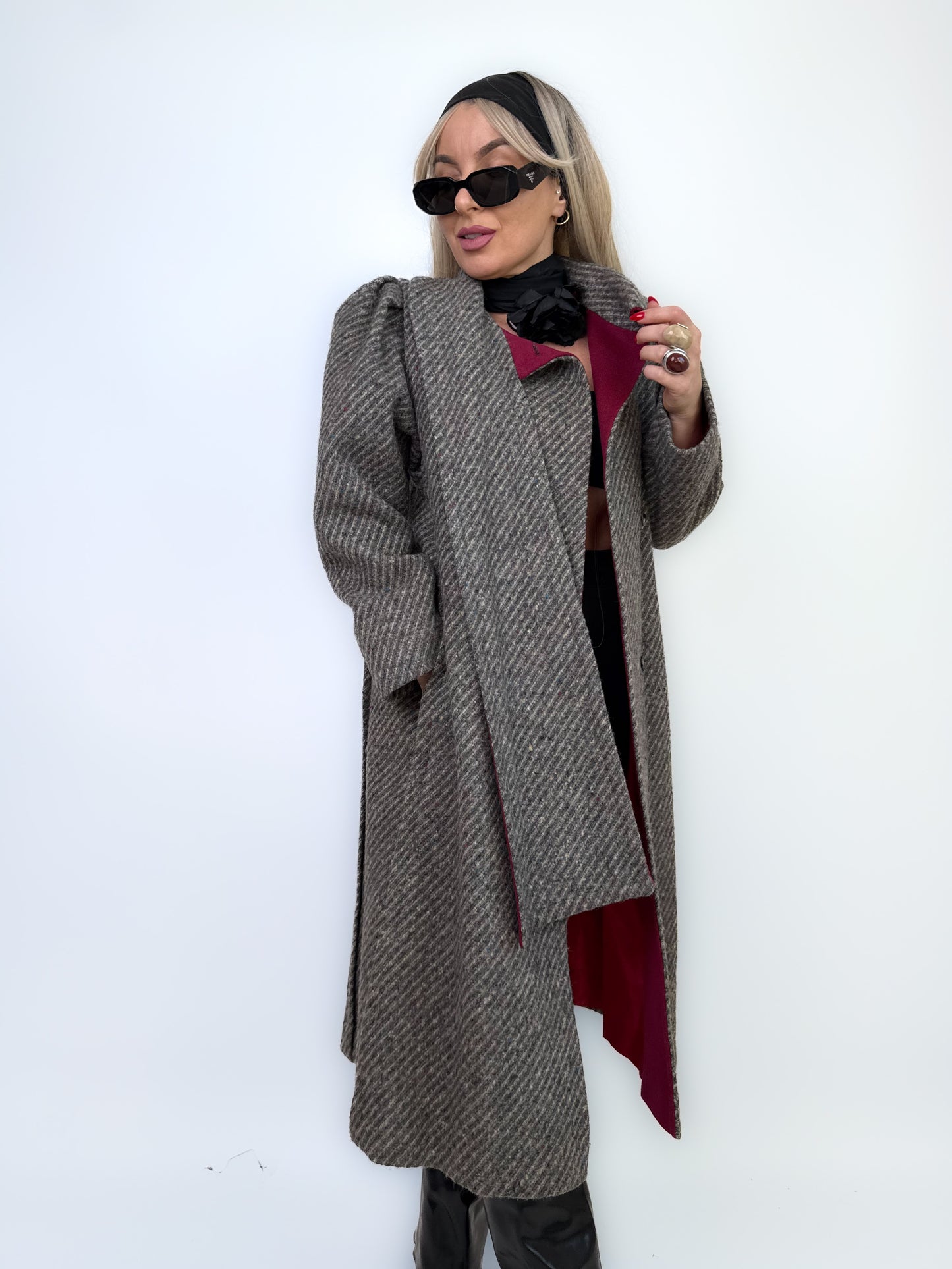 Vintage Gray Burgundy Herringbone Wool Trench Coat Classic Casual Winter Jacket XS-S