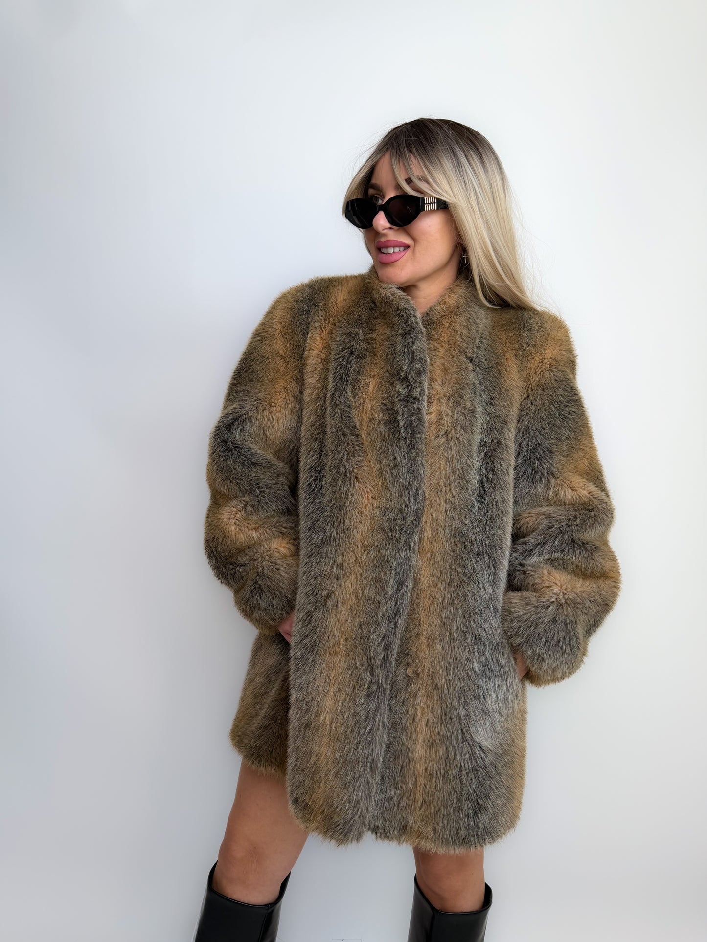 Vintage Grey & Beige Winter Faux Fur Coat