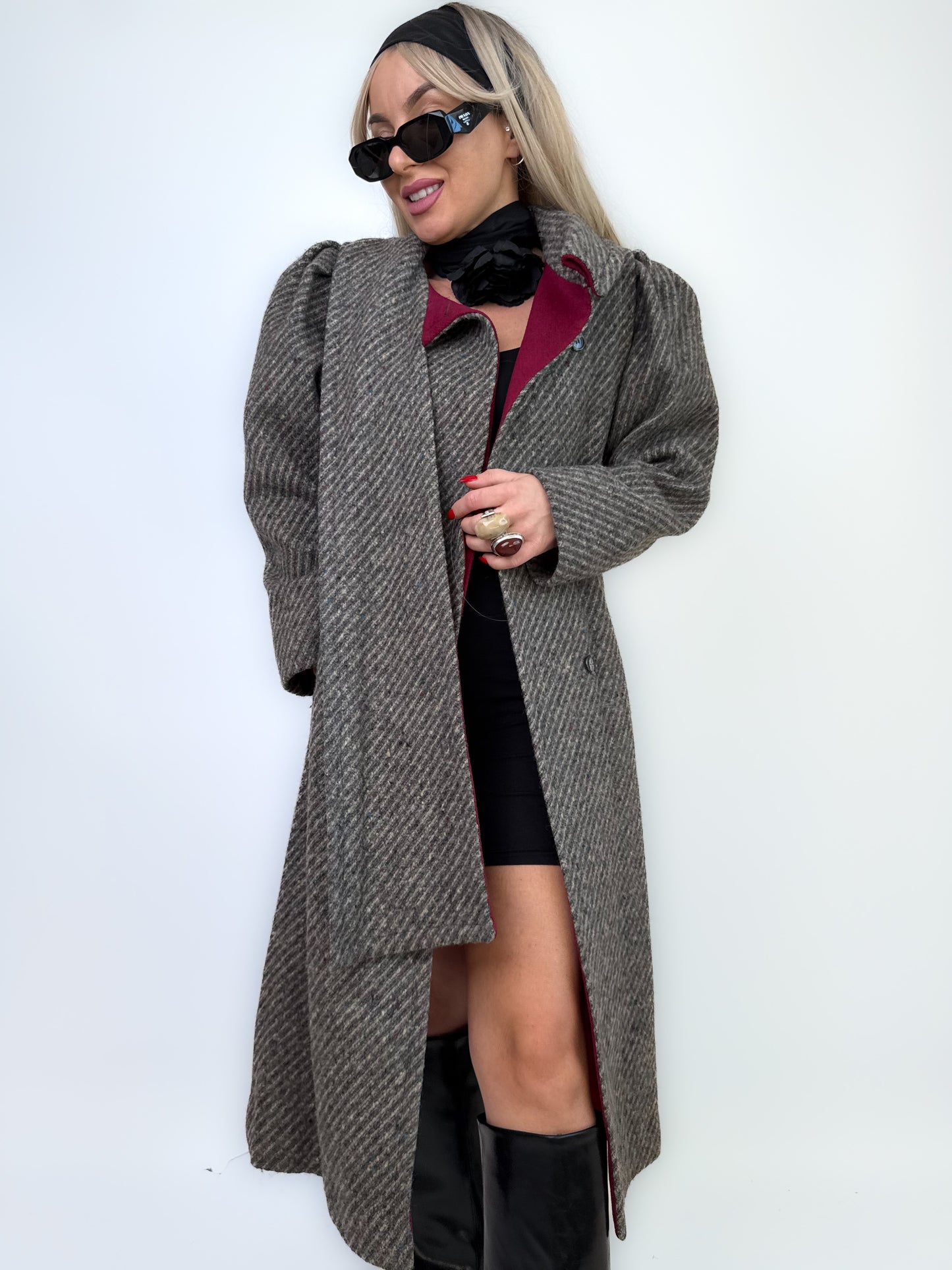 Vintage Gray Burgundy Herringbone Wool Trench Coat Classic Casual Winter Jacket XS-S
