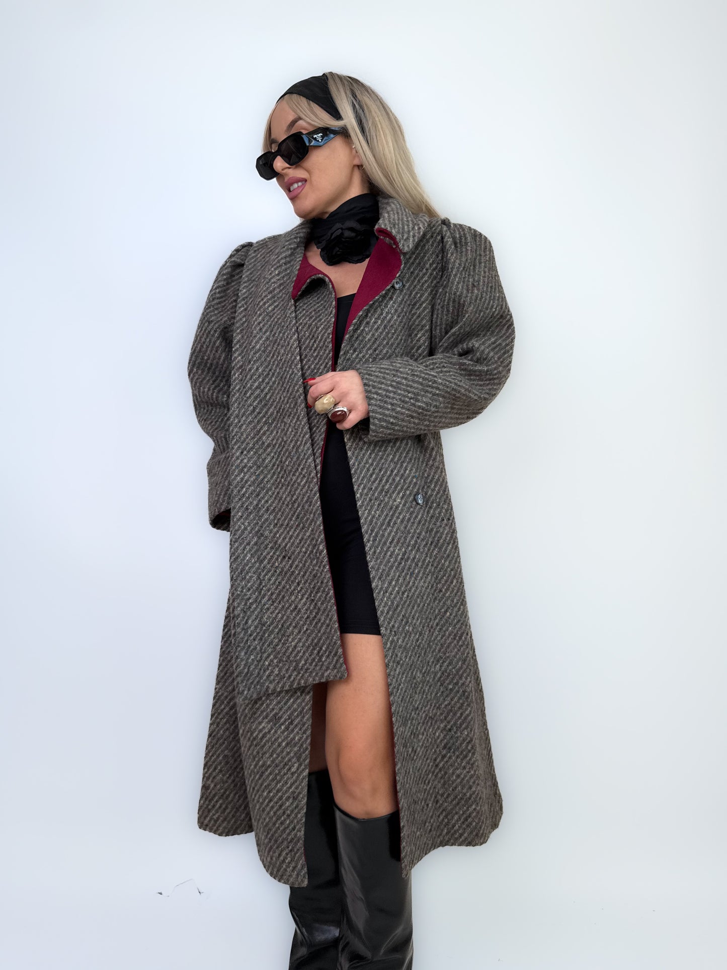 Vintage Gray Burgundy Herringbone Wool Trench Coat Classic Casual Winter Jacket XS-S