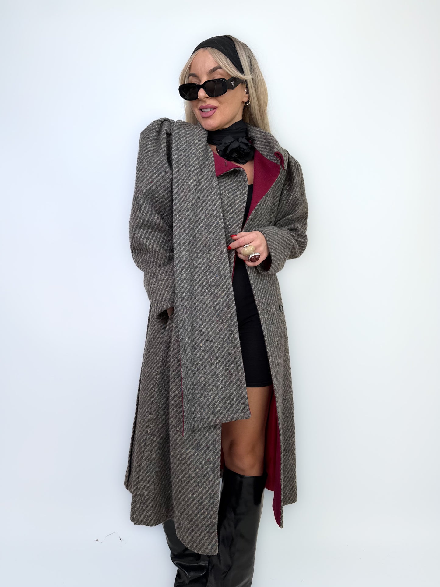 Vintage Gray Burgundy Herringbone Wool Trench Coat Classic Casual Winter Jacket XS-S