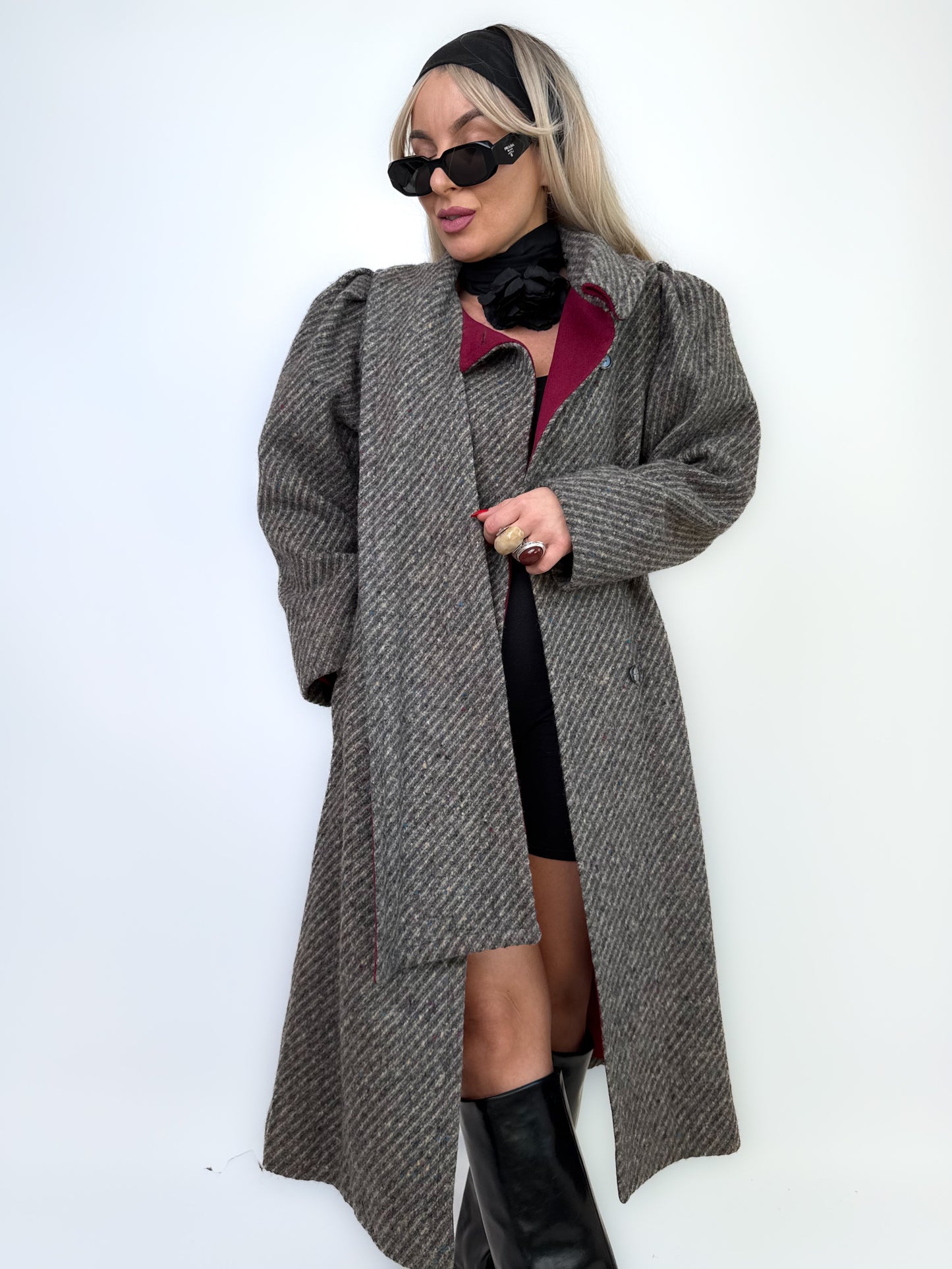 Vintage Gray Burgundy Herringbone Wool Trench Coat Classic Casual Winter Jacket XS-S