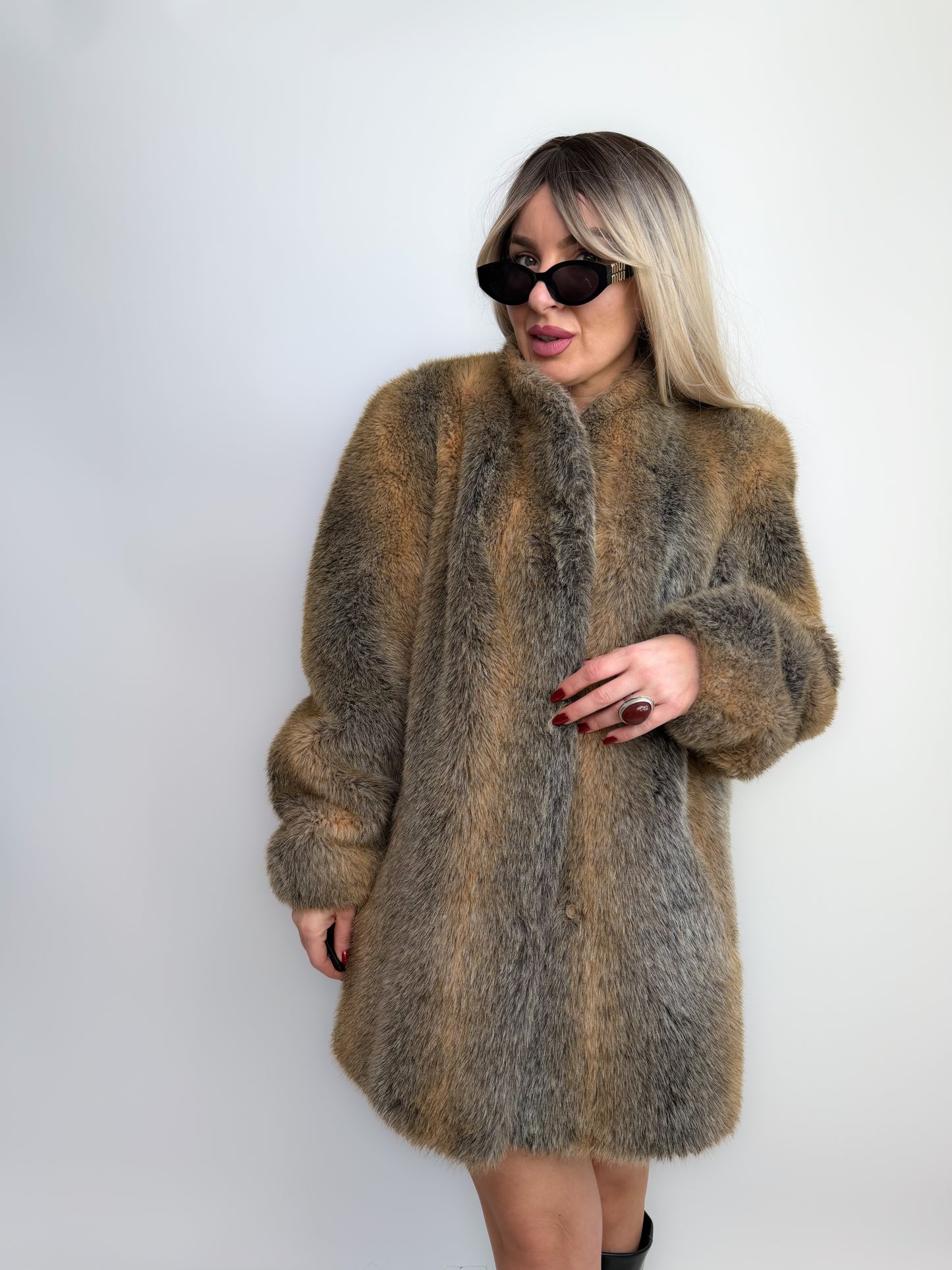 Vintage Grey & Beige Winter Faux Fur Coat