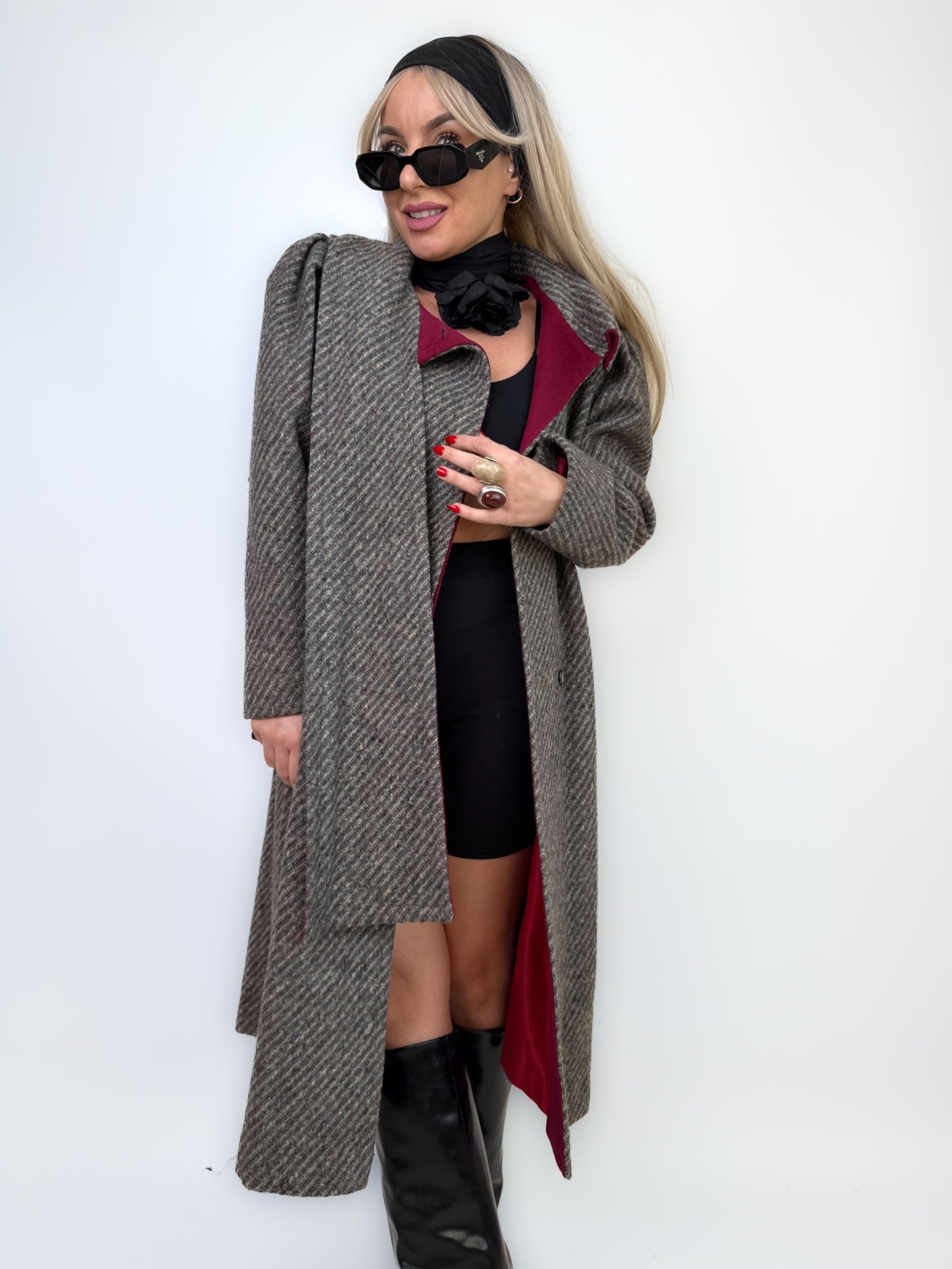Vintage Gray Burgundy Herringbone Wool Trench Coat Classic Casual Winter Jacket XS-S