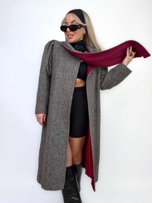 Vintage Gray Burgundy Herringbone Wool Trench Coat Classic Casual Winter Jacket XS-S