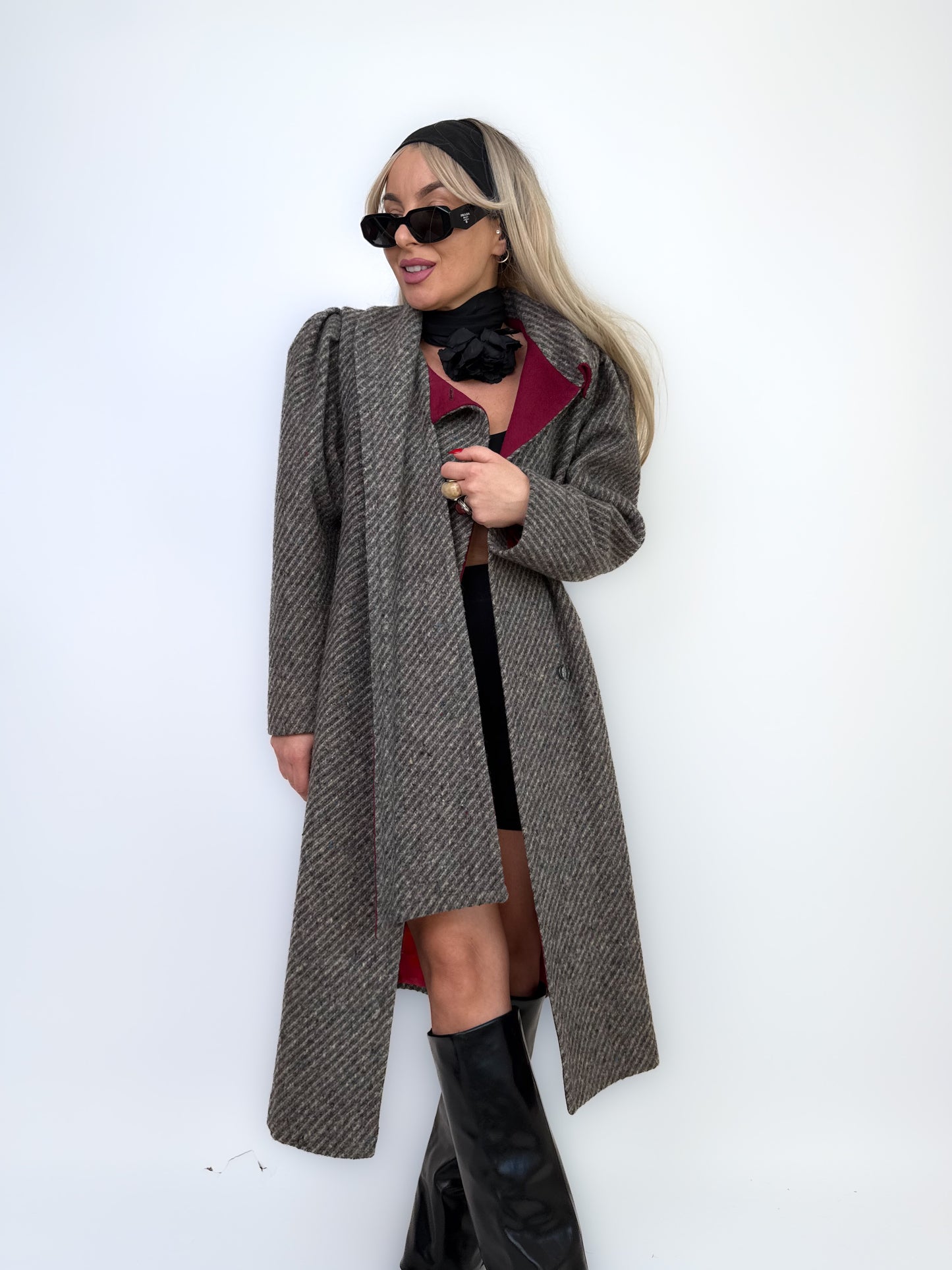 Vintage Gray Burgundy Herringbone Wool Trench Coat Classic Casual Winter Jacket XS-S