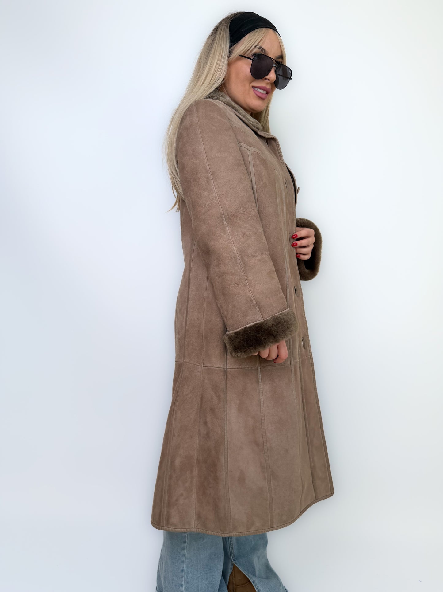 Natural Shearling Leather Coat Beige Gray Mid-Length Vintage Wool-Lined Winter Jacket XS-S