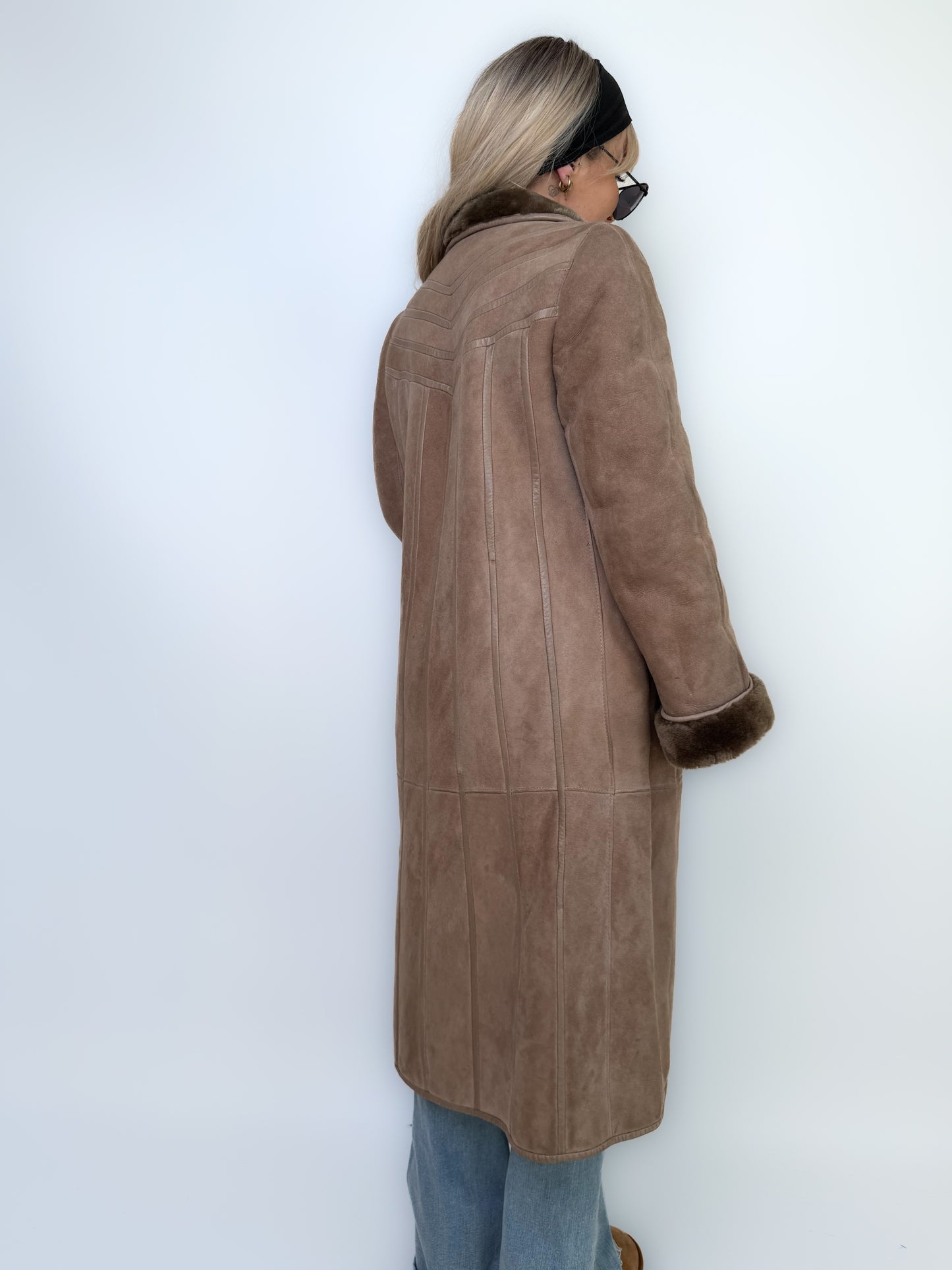 Natural Shearling Leather Coat Beige Gray Mid-Length Vintage Wool-Lined Winter Jacket XS-S