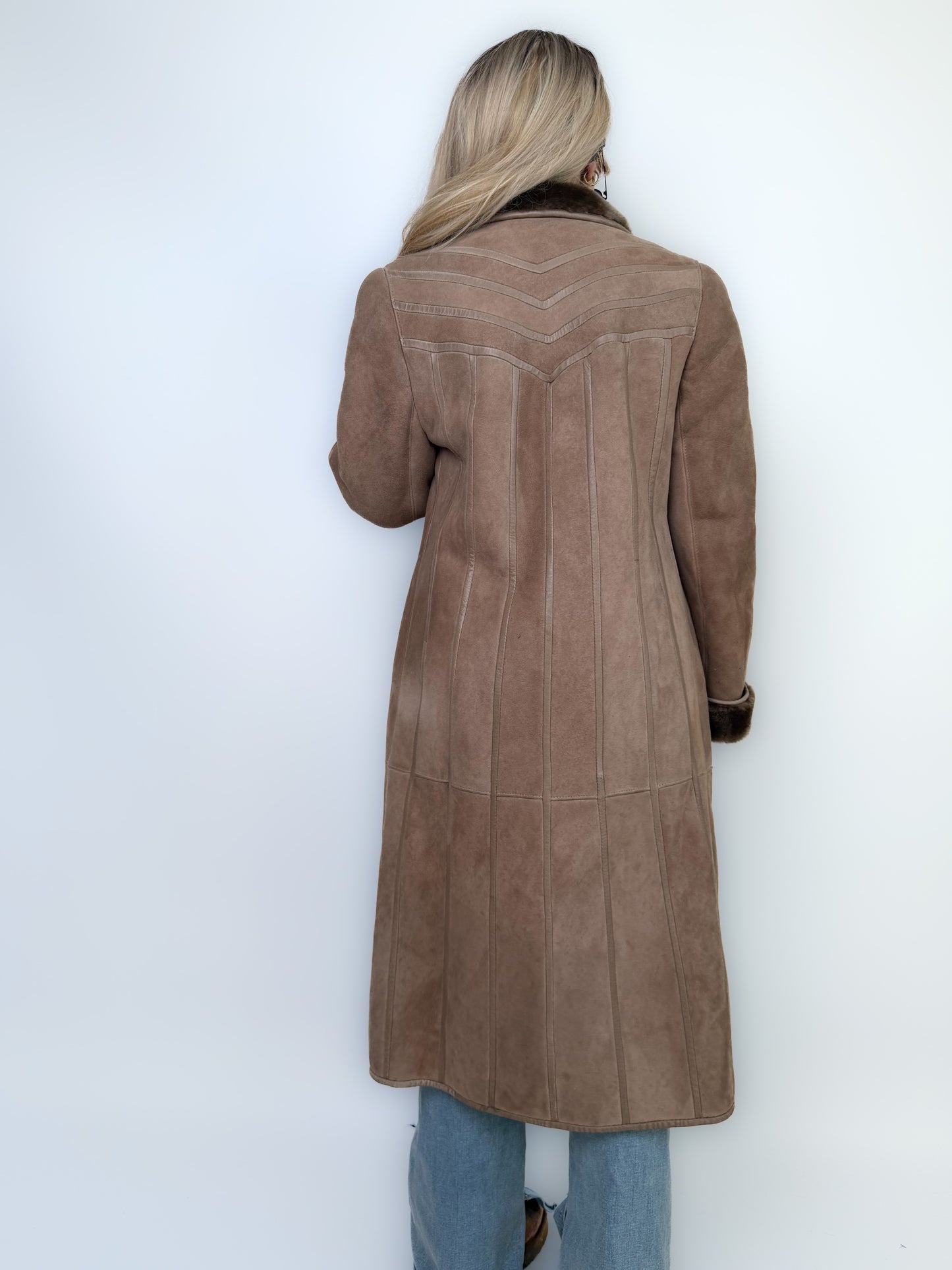 Natural Shearling Leather Coat Beige Gray Mid-Length Vintage Wool-Lined Winter Jacket XS-S