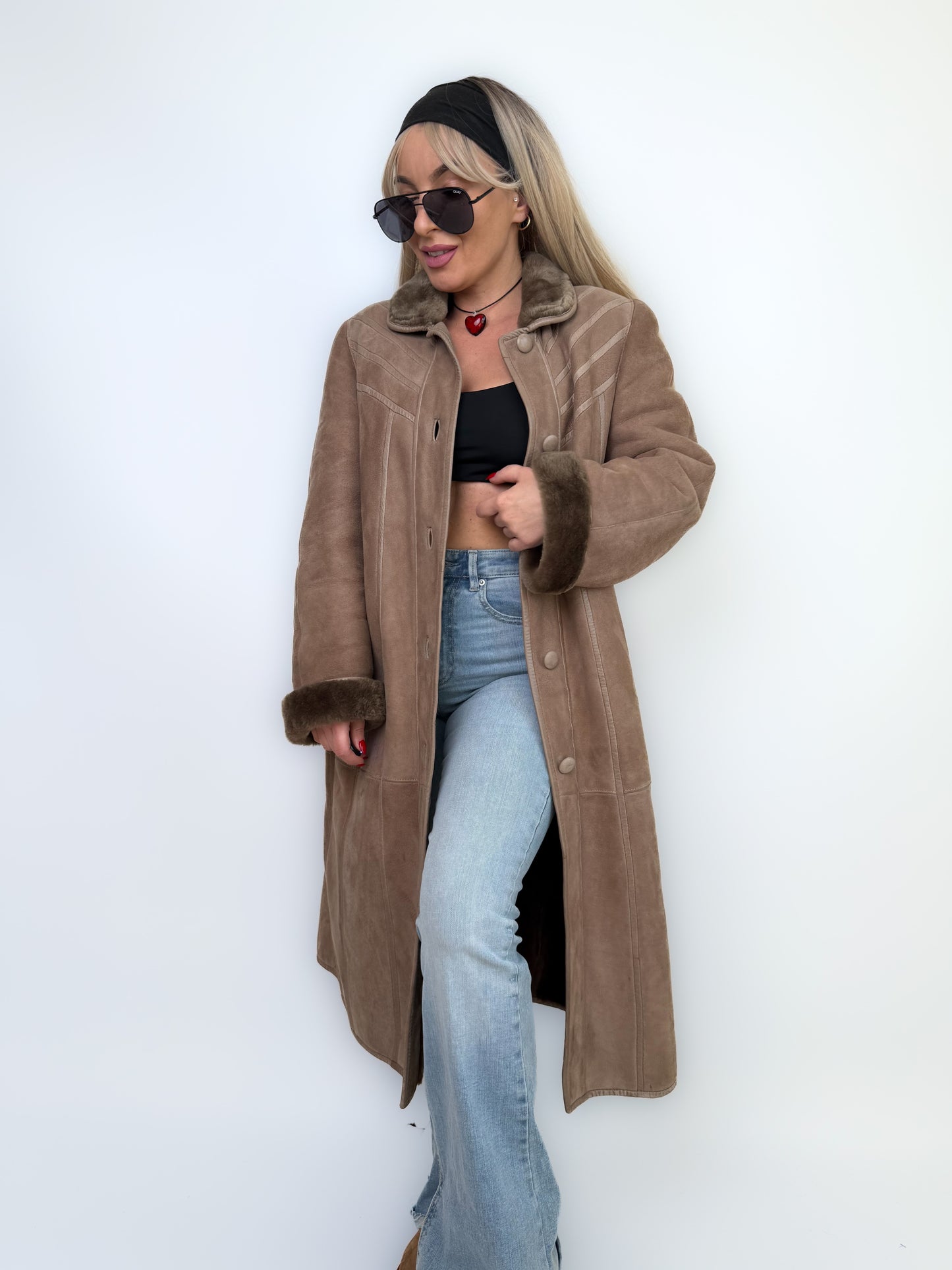 Natural Shearling Leather Coat Beige Gray Mid-Length Vintage Wool-Lined Winter Jacket XS-S