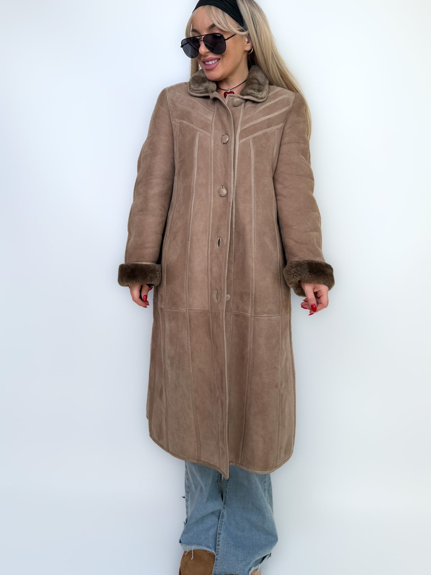 Natural Shearling Leather Coat Beige Gray Mid-Length Vintage Wool-Lined Winter Jacket XS-S