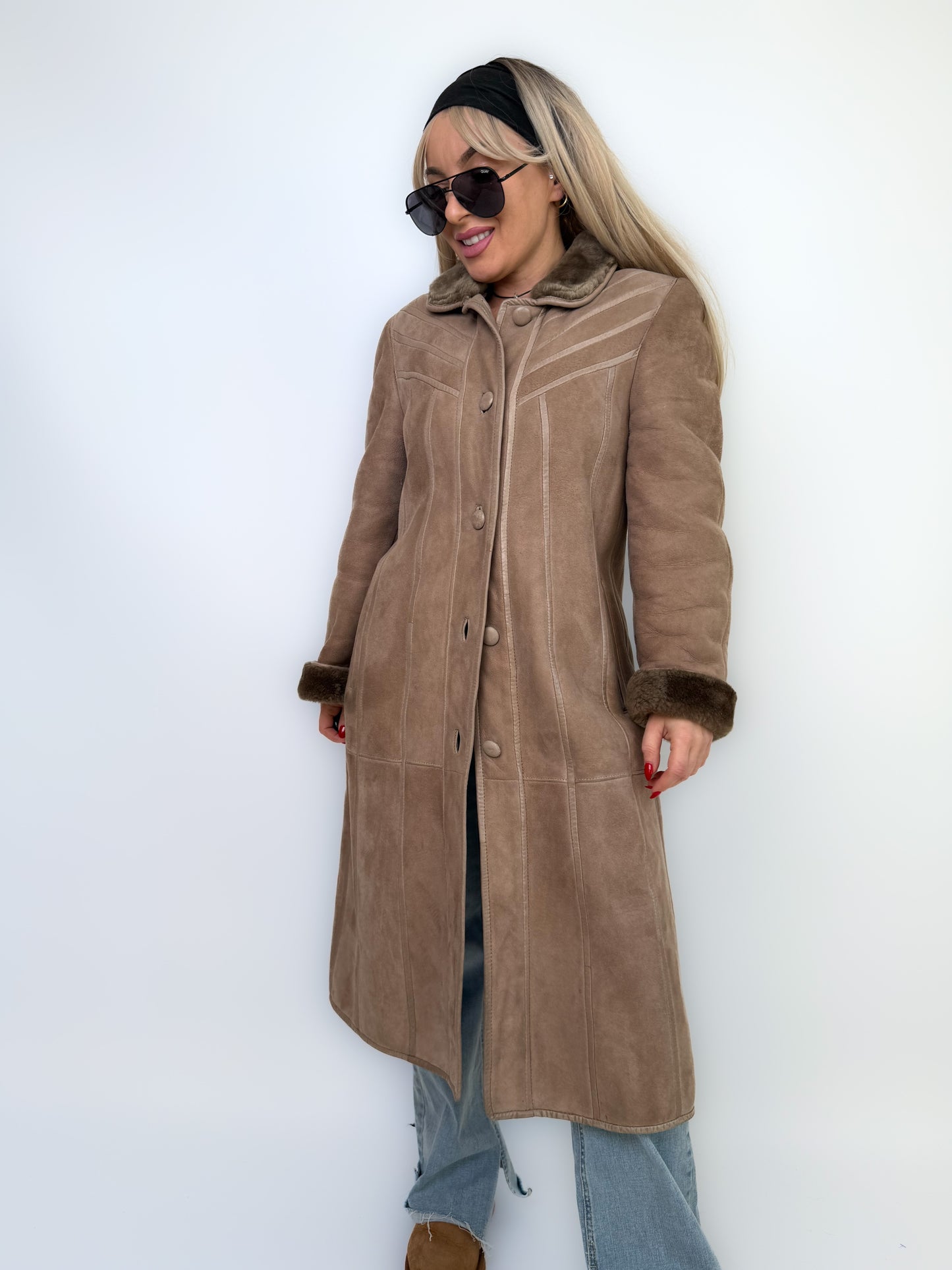 Natural Shearling Leather Coat Beige Gray Mid-Length Vintage Wool-Lined Winter Jacket XS-S