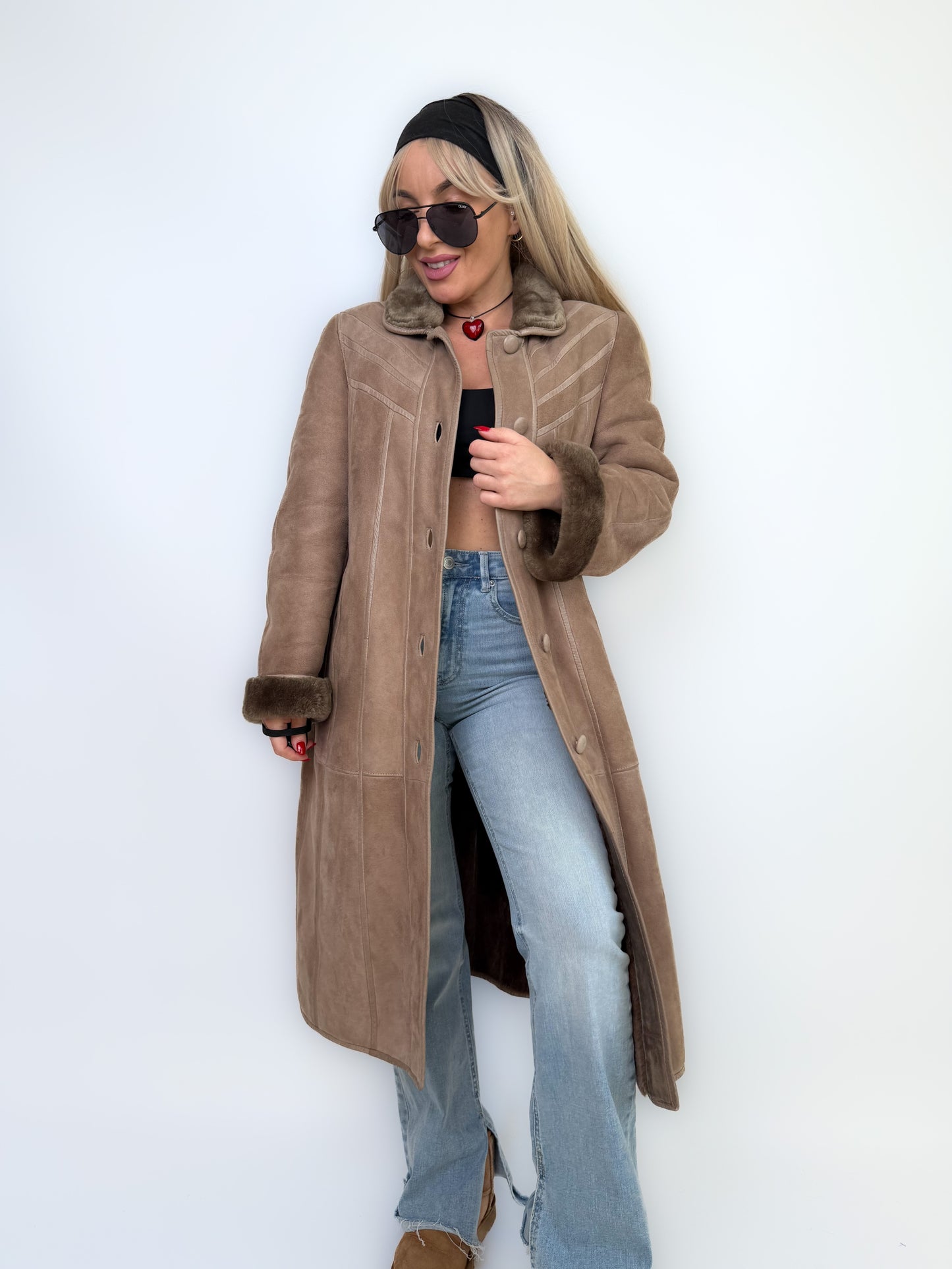 Natural Shearling Leather Coat Beige Gray Mid-Length Vintage Wool-Lined Winter Jacket XS-S