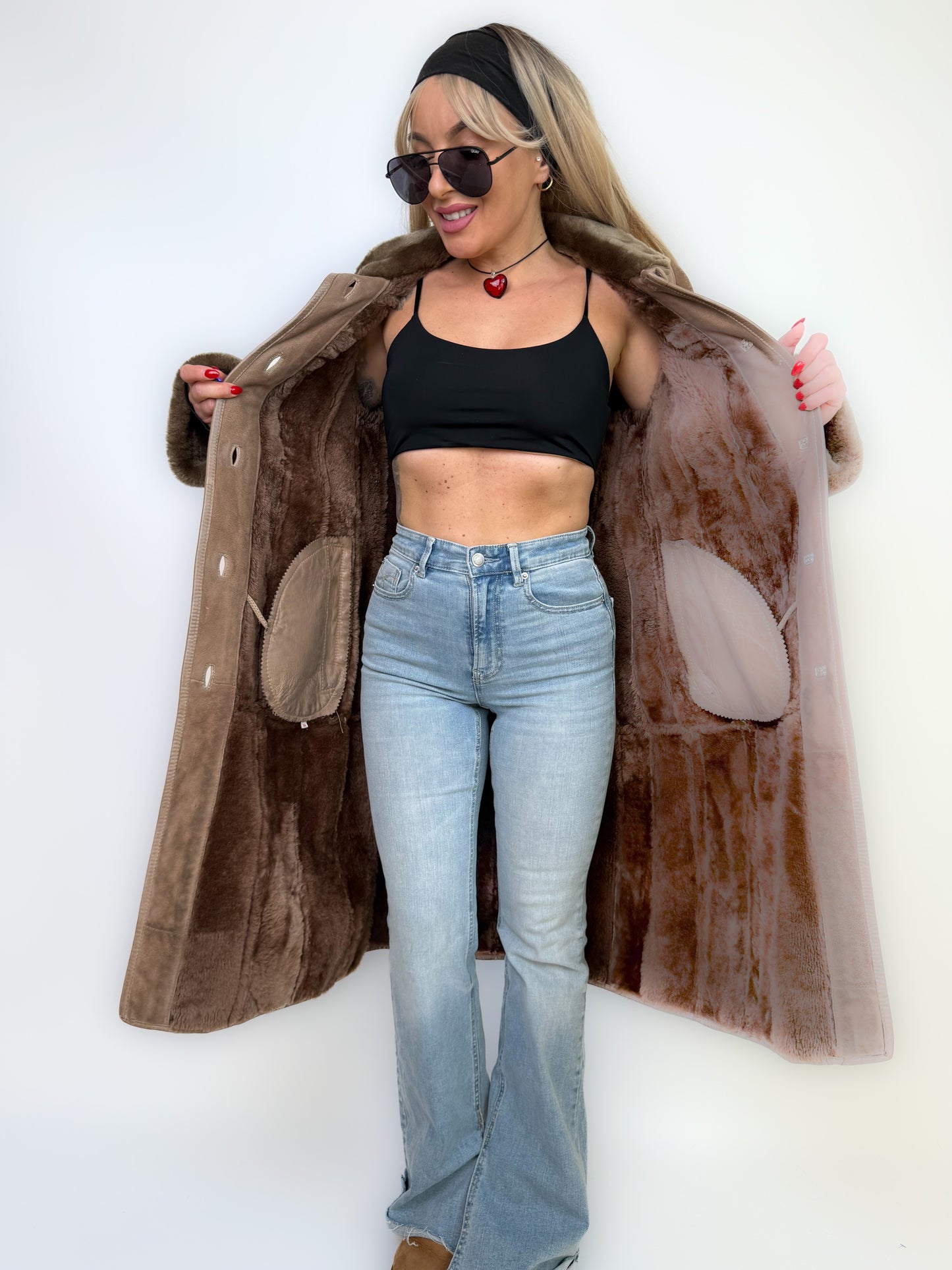 Natural Shearling Leather Coat Beige Gray Mid-Length Vintage Wool-Lined Winter Jacket XS-S
