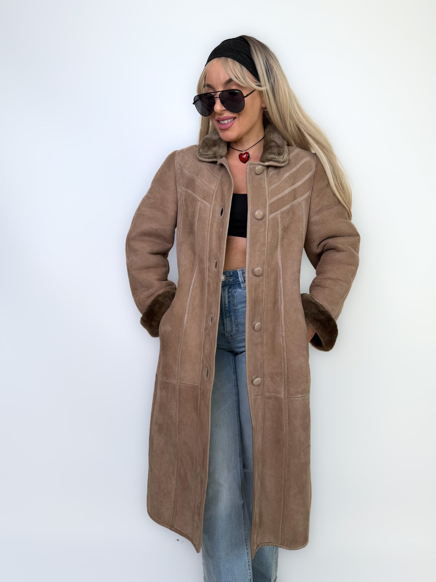 Natural Shearling Leather Coat Beige Gray Mid-Length Vintage Wool-Lined Winter Jacket XS-S