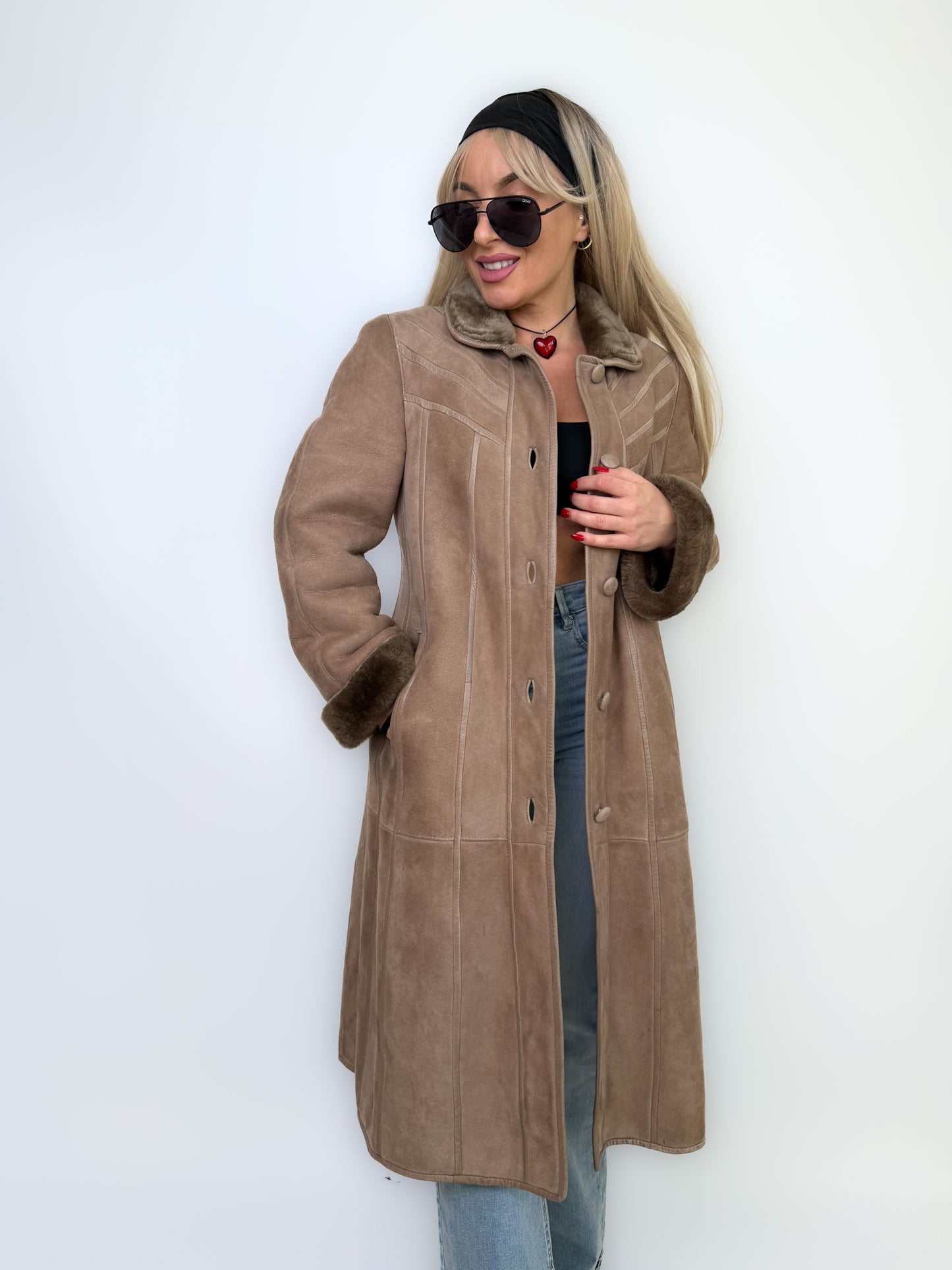 Natural Shearling Leather Coat Beige Gray Mid-Length Vintage Wool-Lined Winter Jacket XS-S