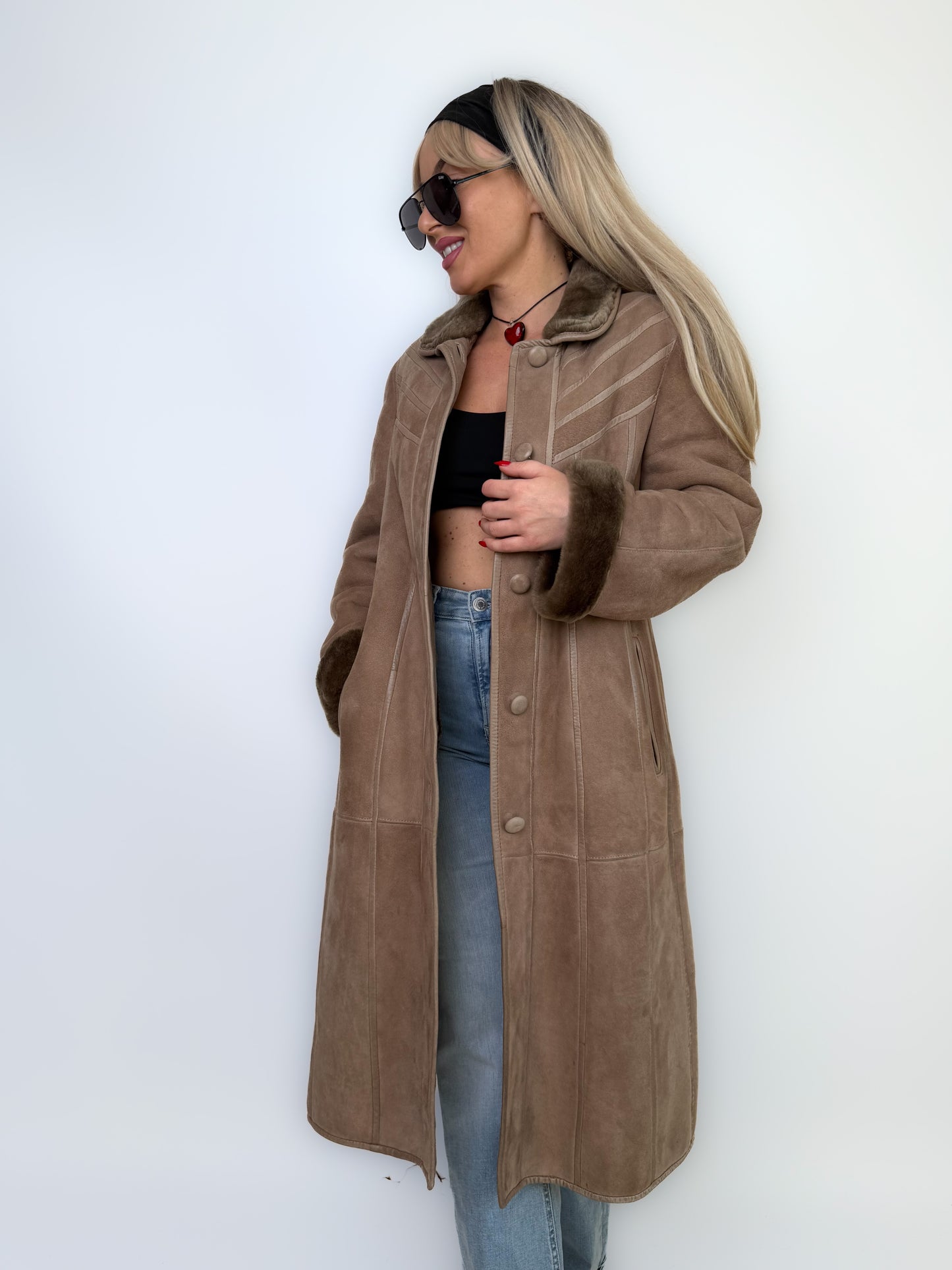 Natural Shearling Leather Coat Beige Gray Mid-Length Vintage Wool-Lined Winter Jacket XS-S
