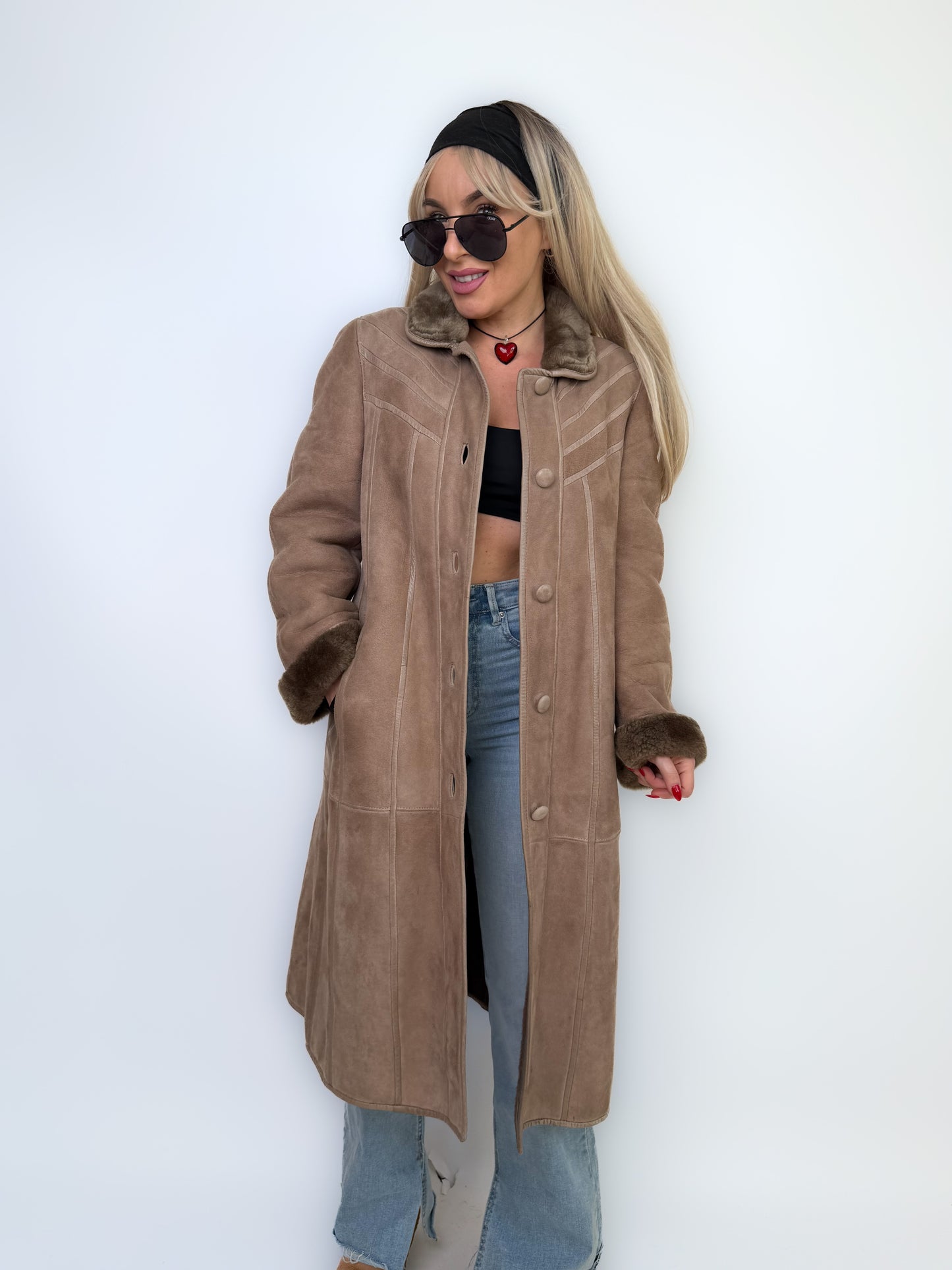 Natural Shearling Leather Coat Beige Gray Mid-Length Vintage Wool-Lined Winter Jacket XS-S