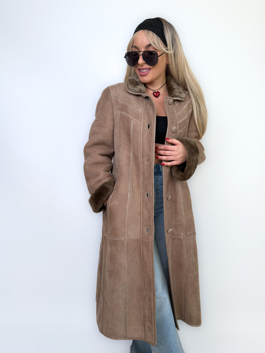 Natural Shearling Leather Coat Beige Gray Mid-Length Vintage Wool-Lined Winter Jacket XS-S