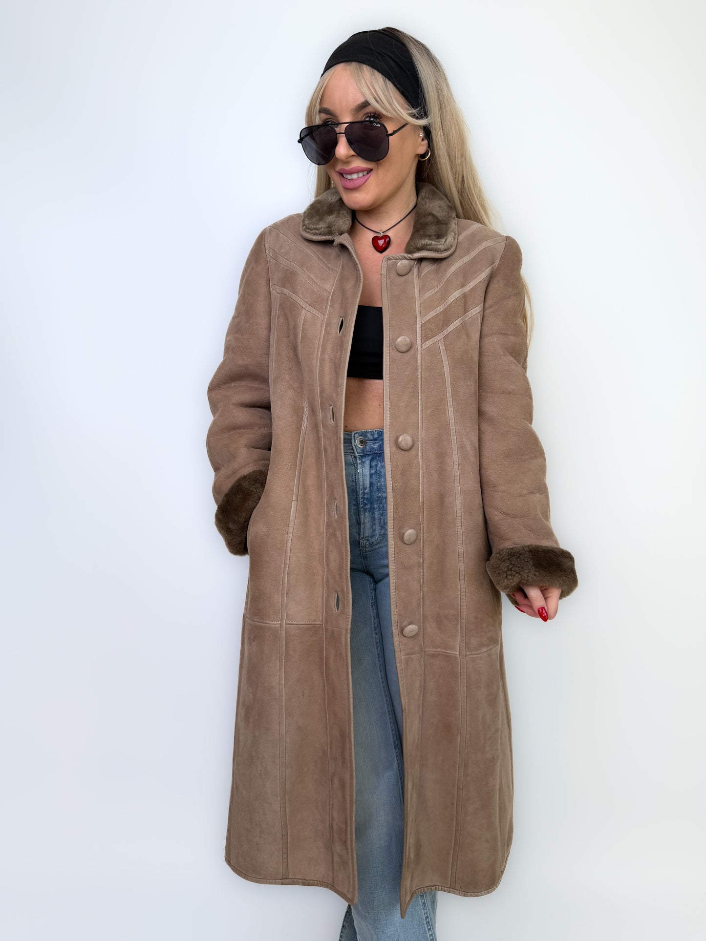 Natural Shearling Leather Coat Beige Gray Mid-Length Vintage Wool-Lined Winter Jacket XS-S