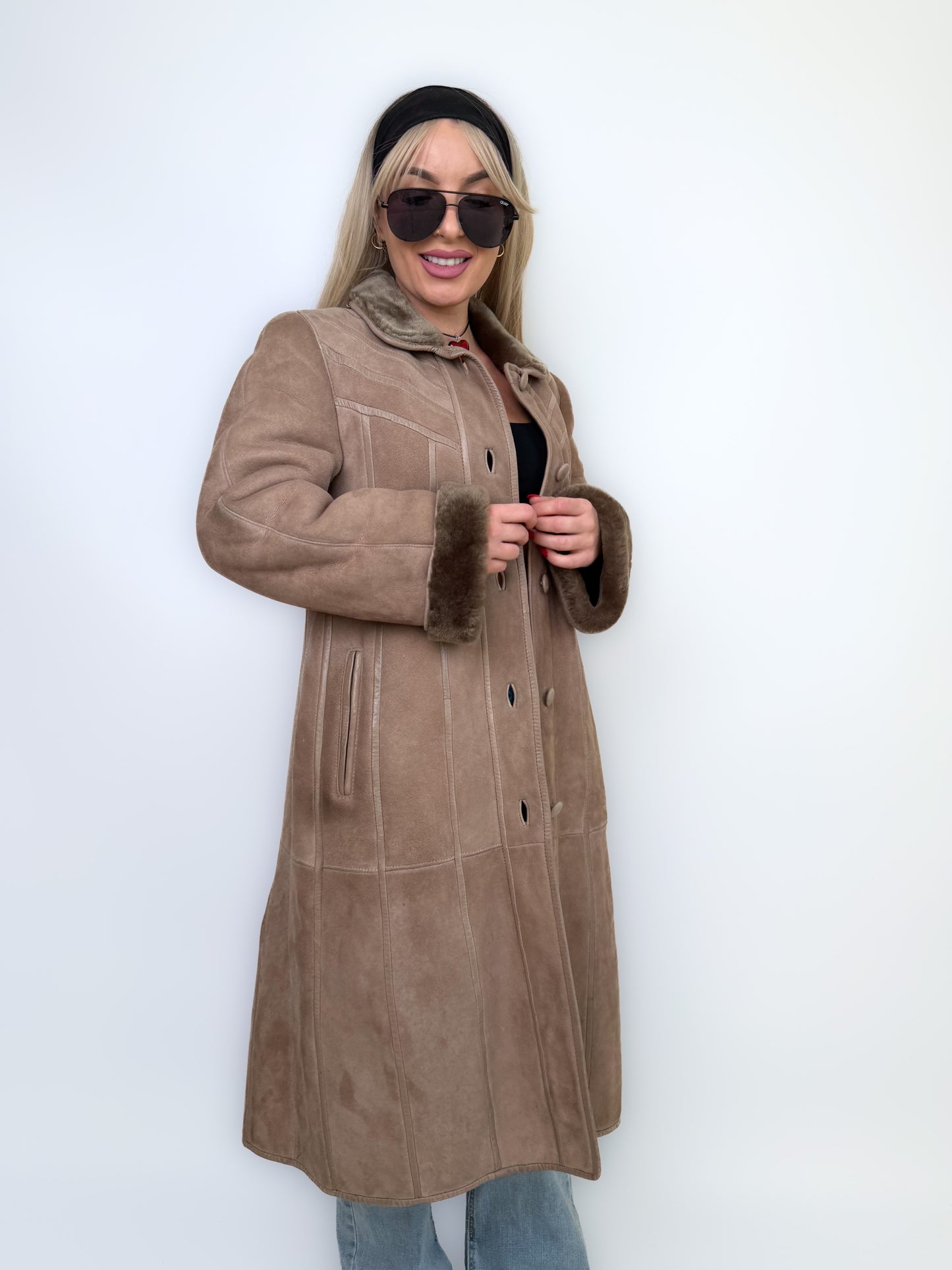 Natural Shearling Leather Coat Beige Gray Mid-Length Vintage Wool-Lined Winter Jacket XS-S