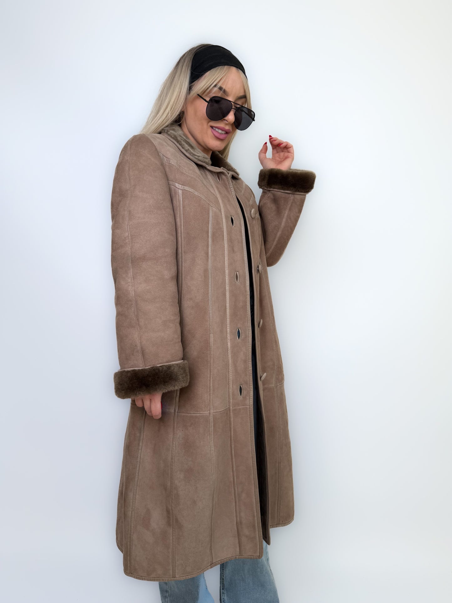 Natural Shearling Leather Coat Beige Gray Mid-Length Vintage Wool-Lined Winter Jacket XS-S
