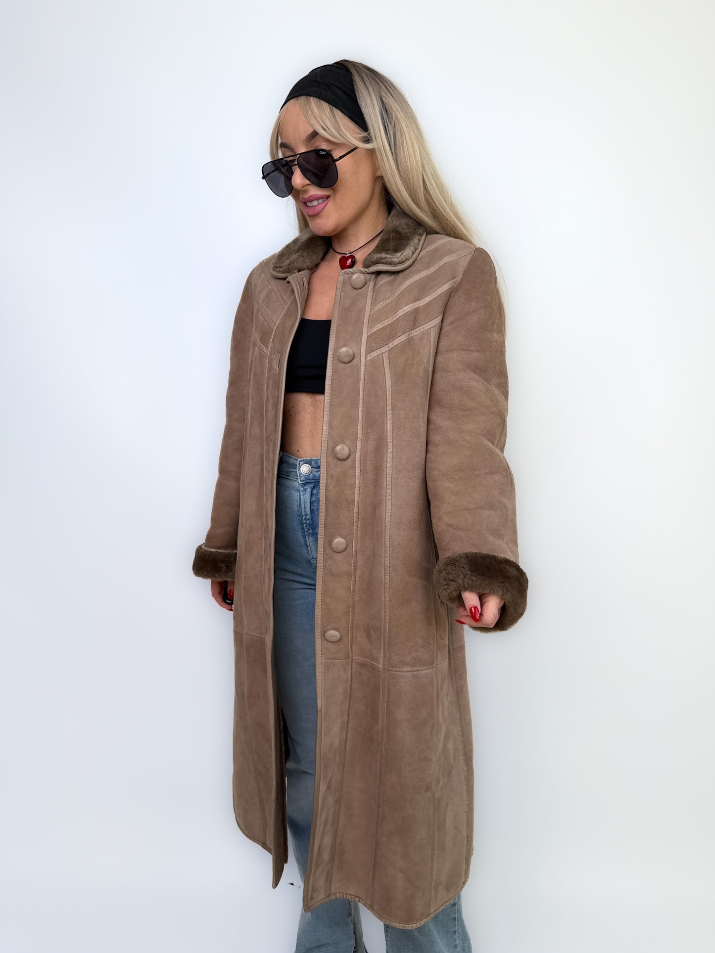 Natural Shearling Leather Coat Beige Gray Mid-Length Vintage Wool-Lined Winter Jacket XS-S