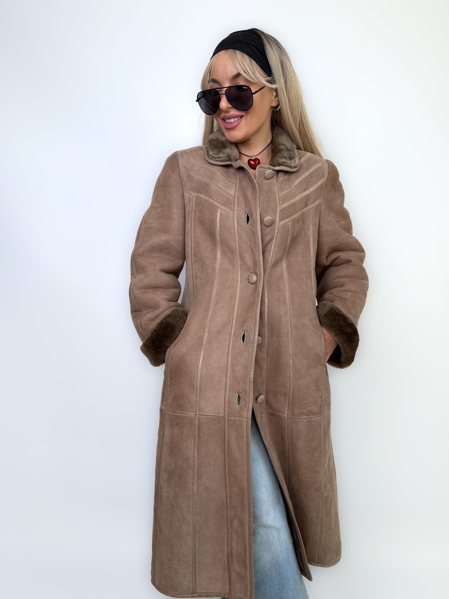 Natural Shearling Leather Coat Beige Gray Mid-Length Vintage Wool-Lined Winter Jacket XS-S
